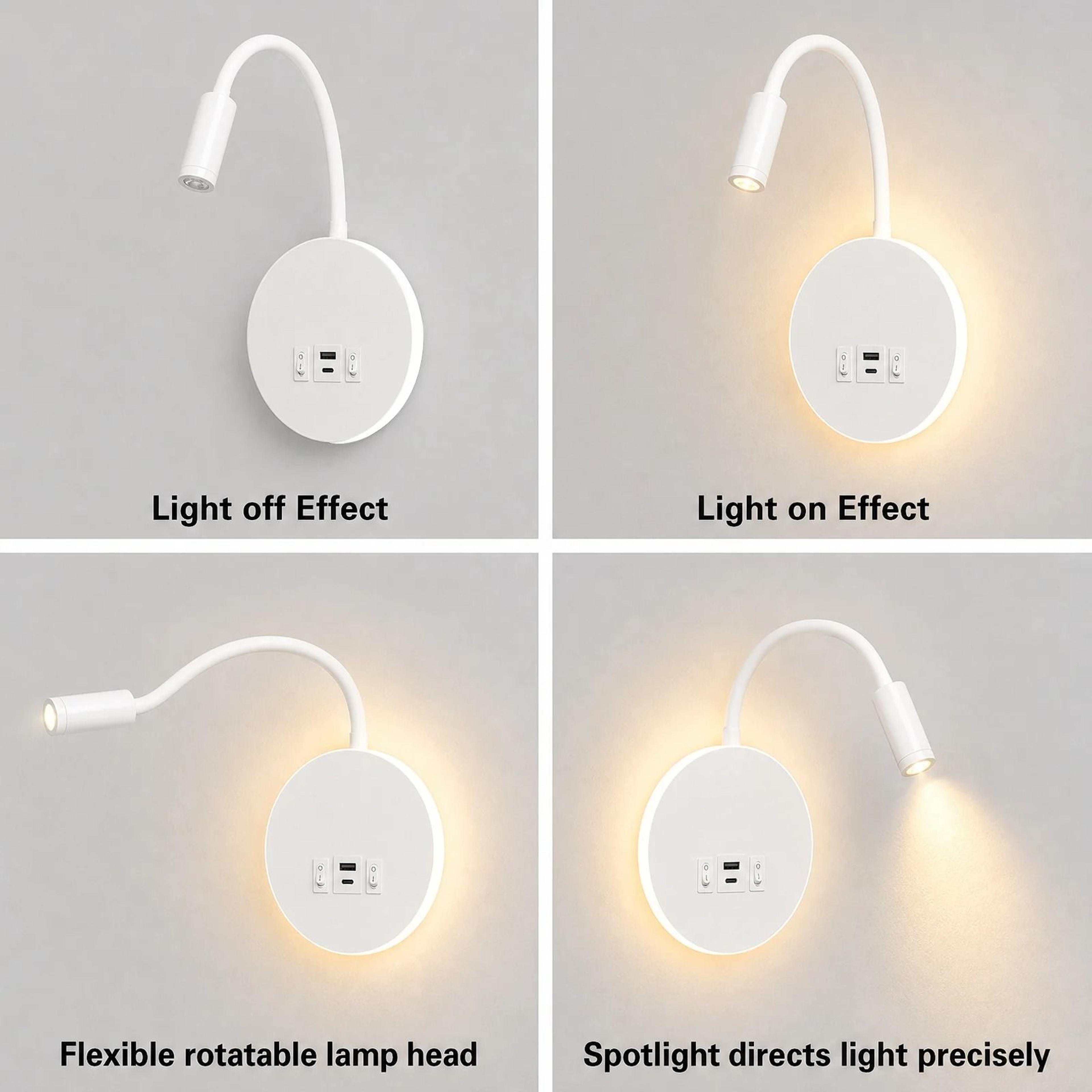 Modern LED Gooseneck Bedside Reading Wall Lamp With USB A And USB C Charging 6
