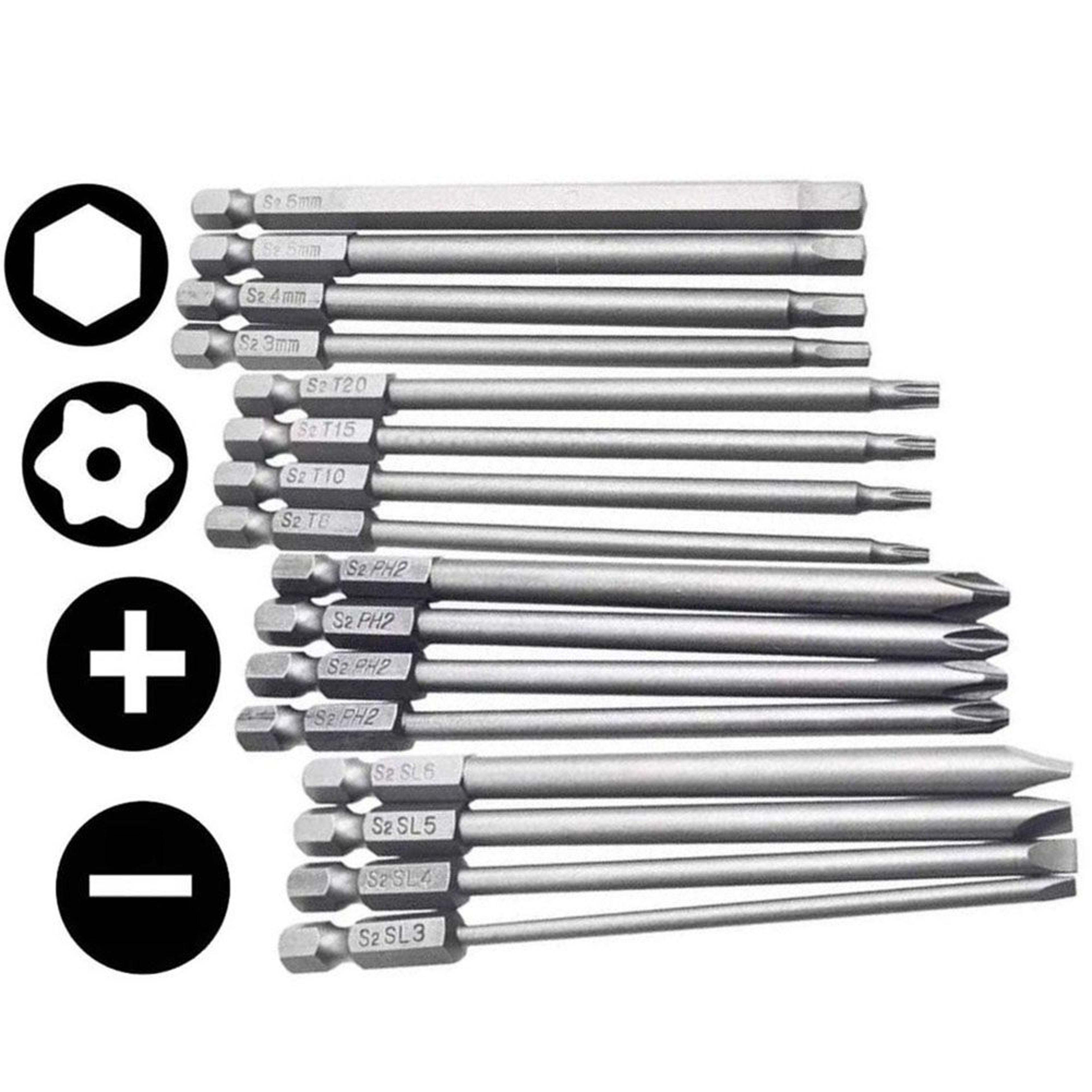 4-piece 100mm long screwdriver bit set with 1/4-inch hex shank