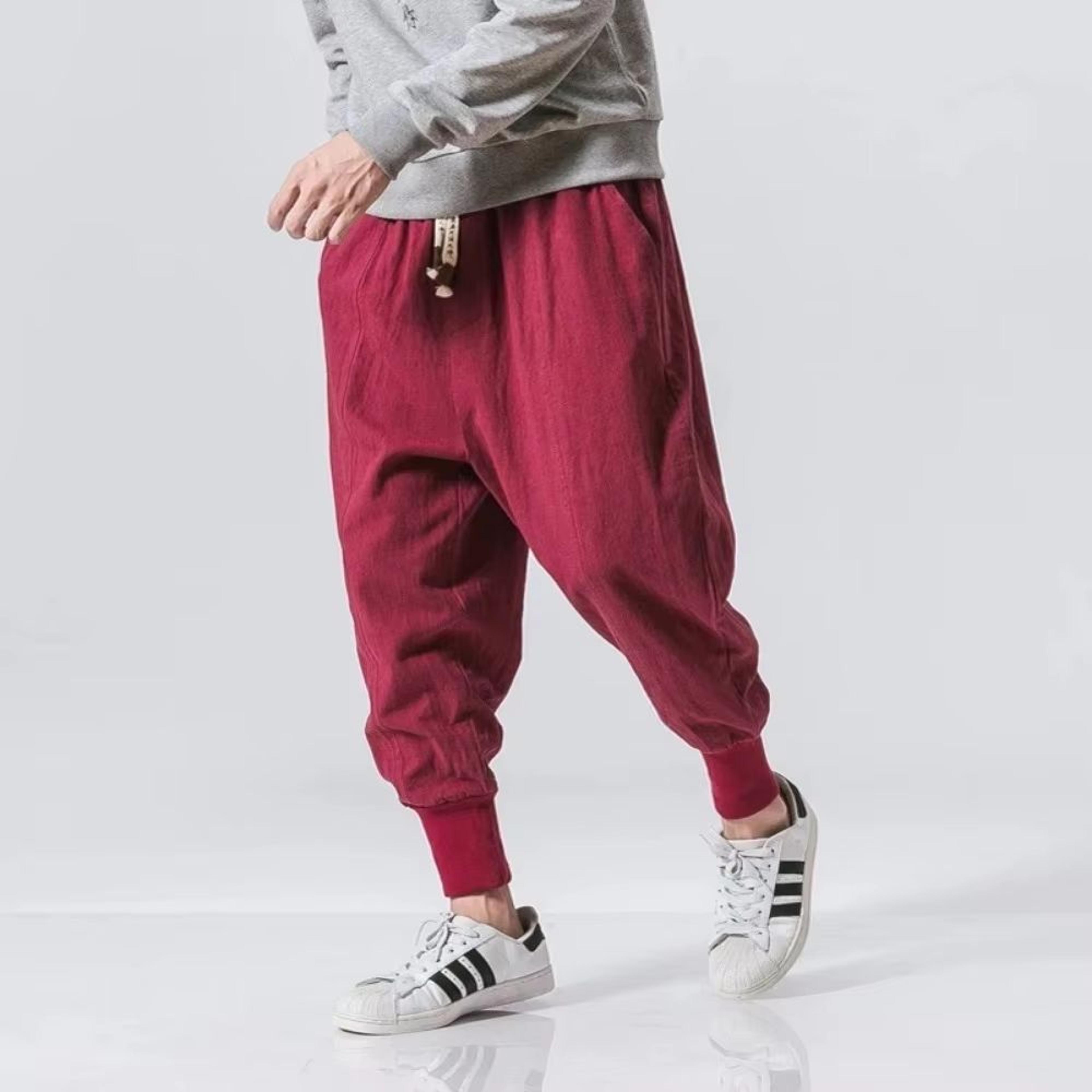 Mens CottonLinen Harem Joggers Relaxed DropCrotch Streetwear Pants 3