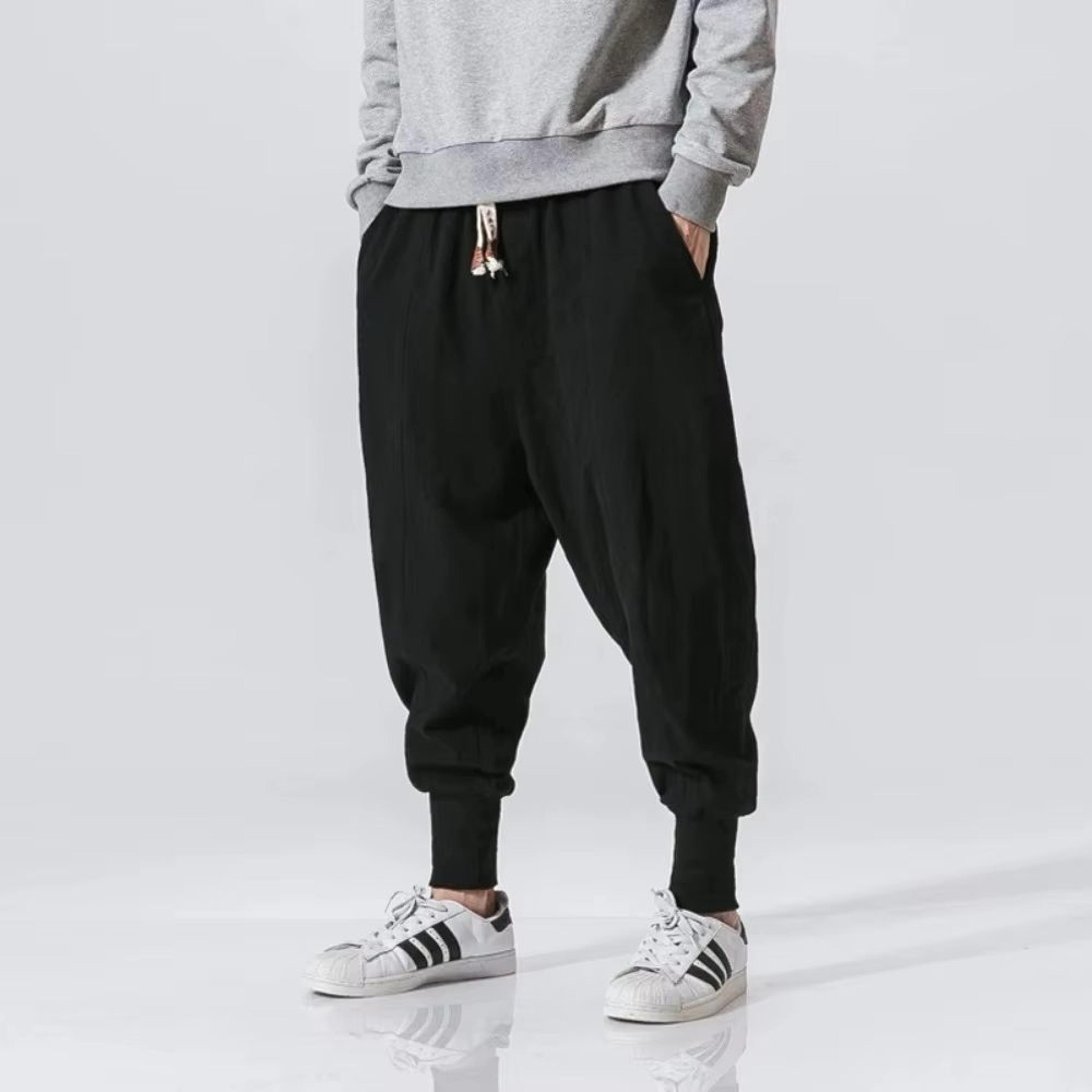Mens CottonLinen Harem Joggers Relaxed DropCrotch Streetwear Pants 5