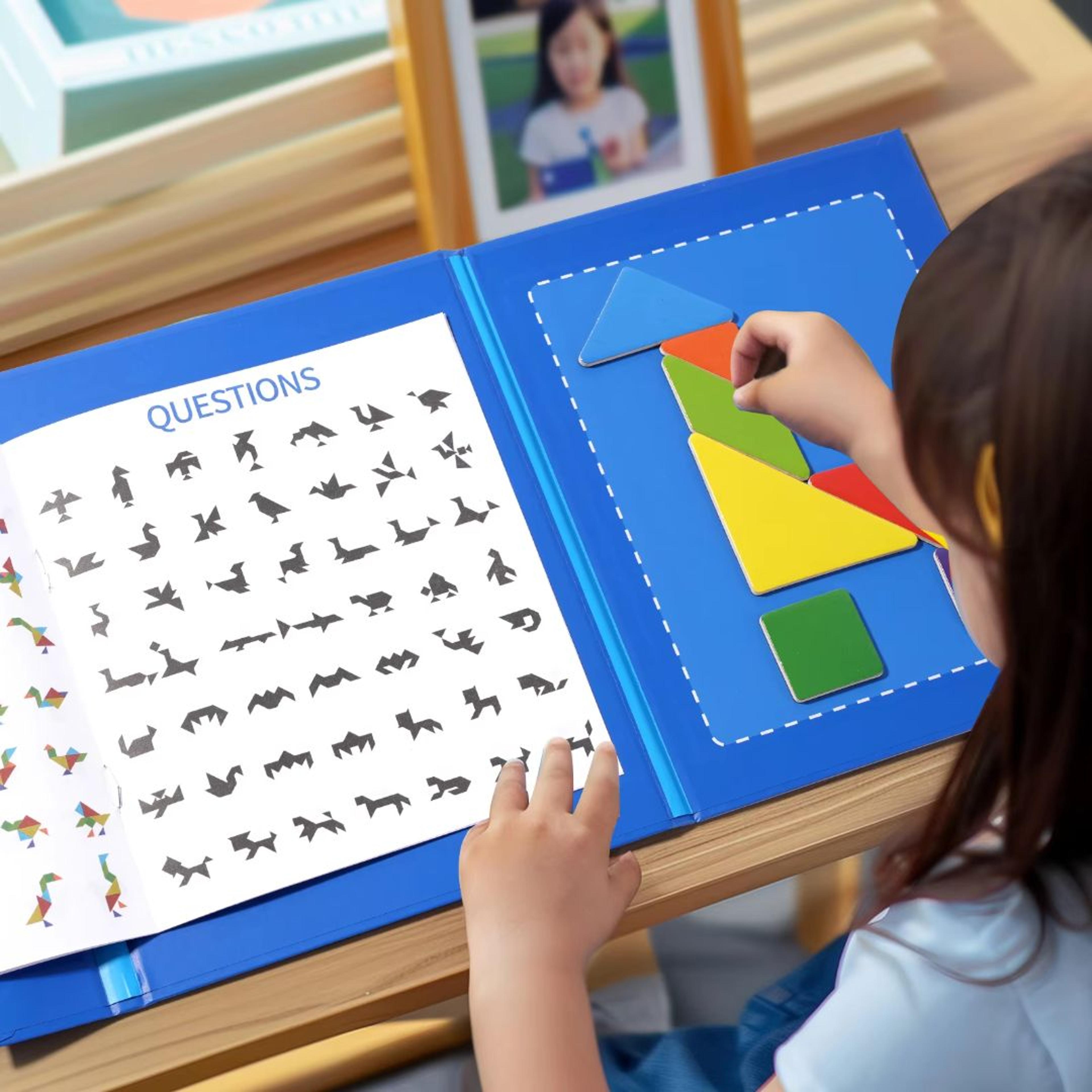 Magnetic Tangram Puzzle Book Montessori Wooden Jigsaw Geometric Shape Logic Game 1