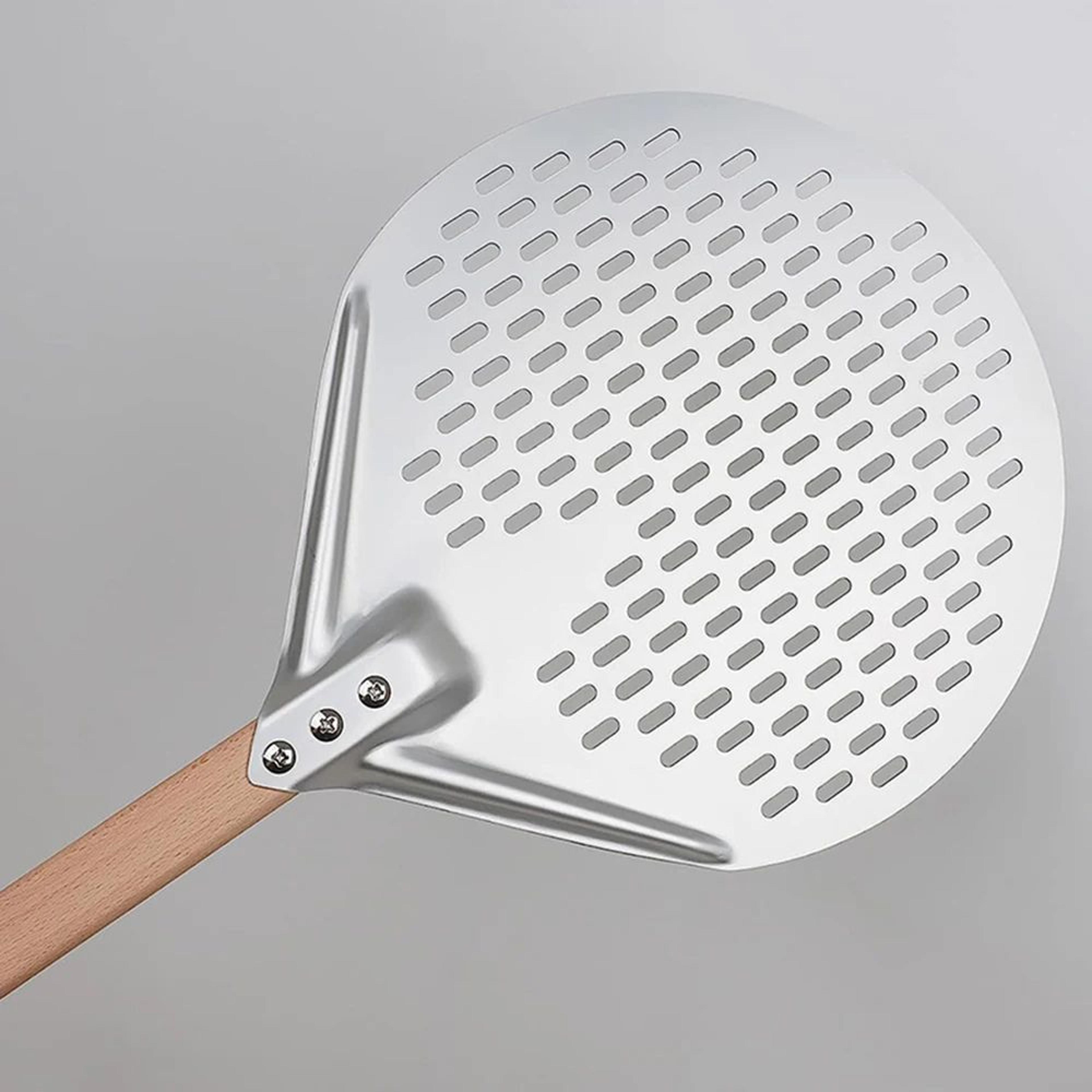 HardAnodized Aluminum Pizza Turning Peel  Perforated Pizza Paddle With Wood Handle 1214 Inch 4