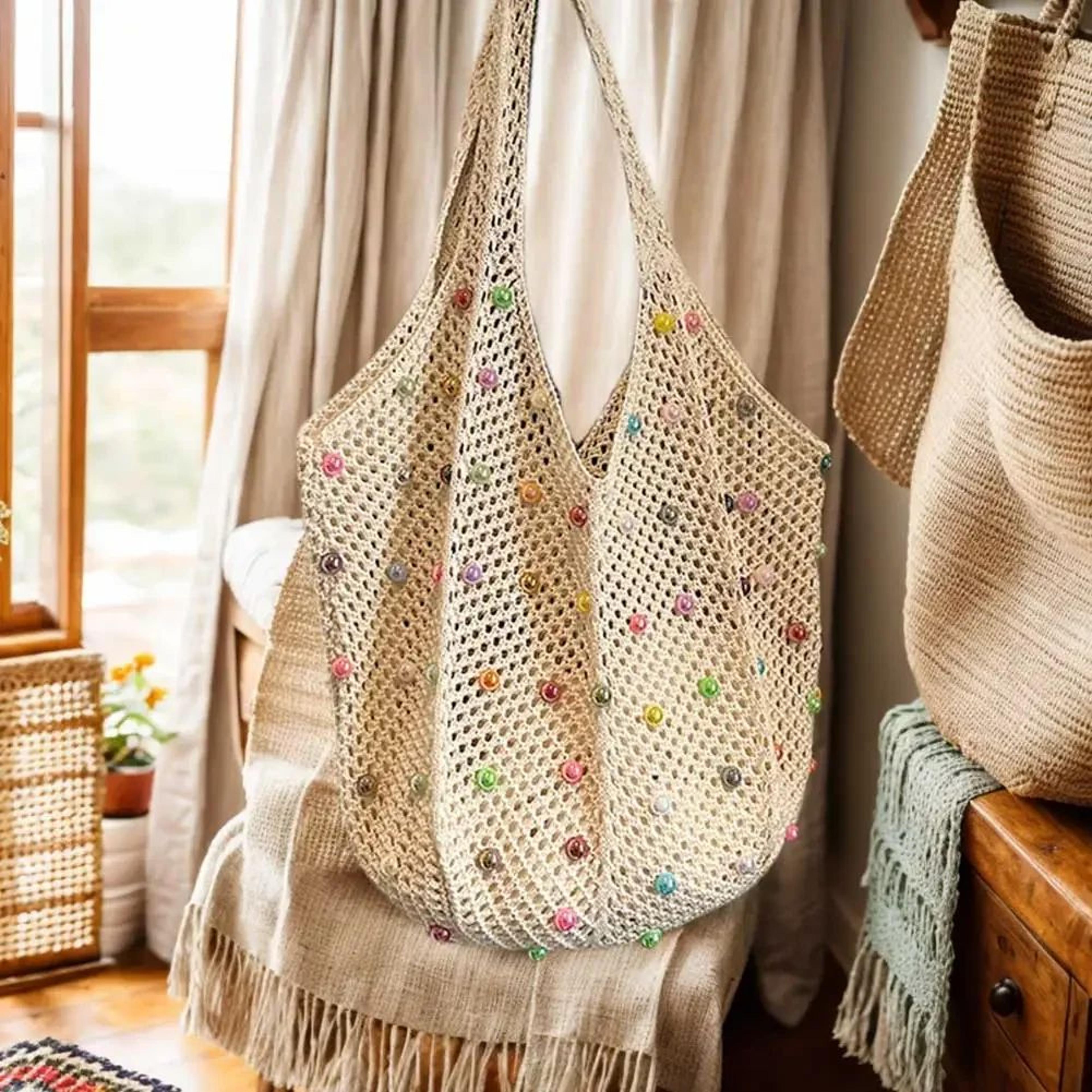 Boho Crochet Tote Bag  Large Capacity Knitted Handbag With Colorful Beads For Women 3