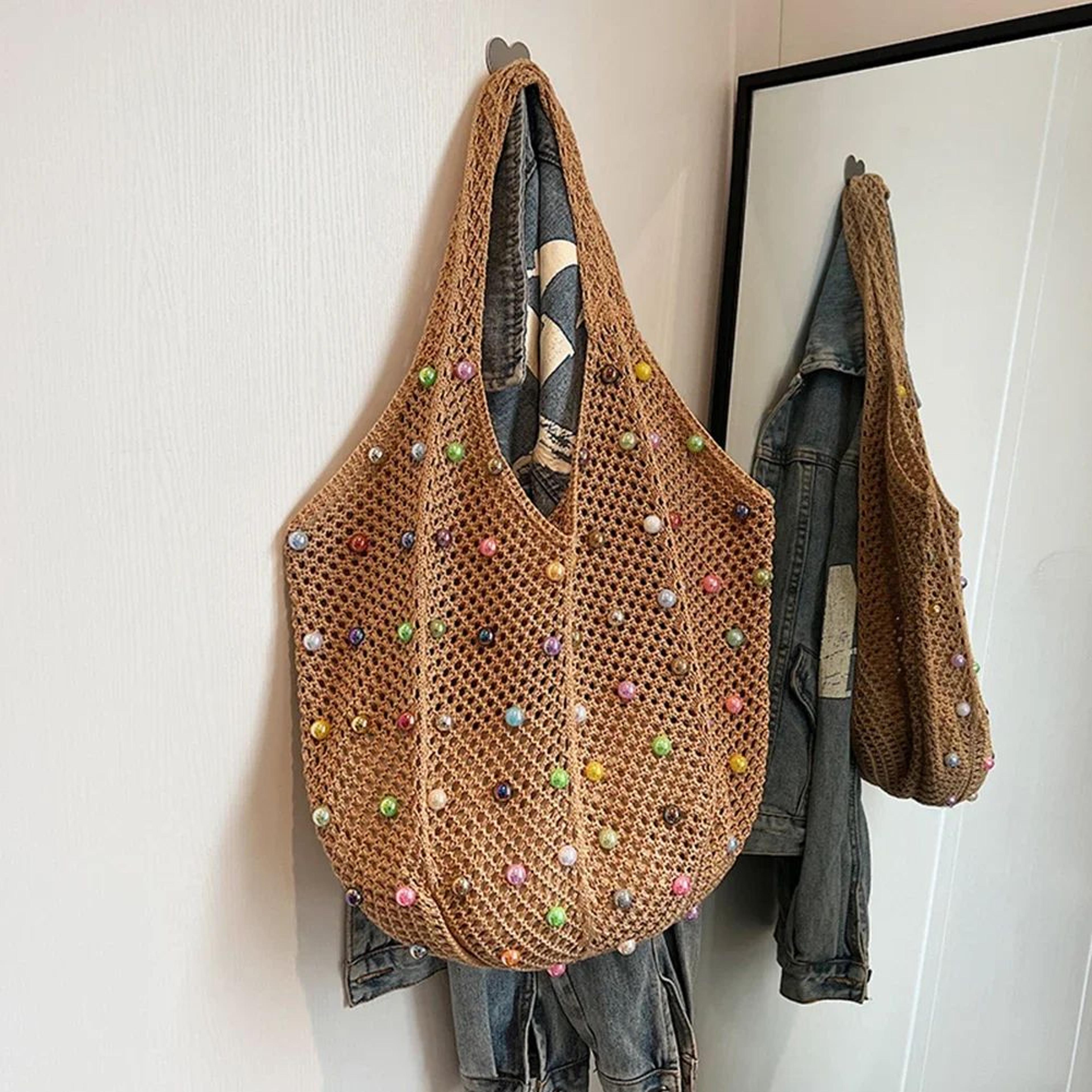Boho Crochet Tote Bag  Large Capacity Knitted Handbag With Colorful Beads For Women 8