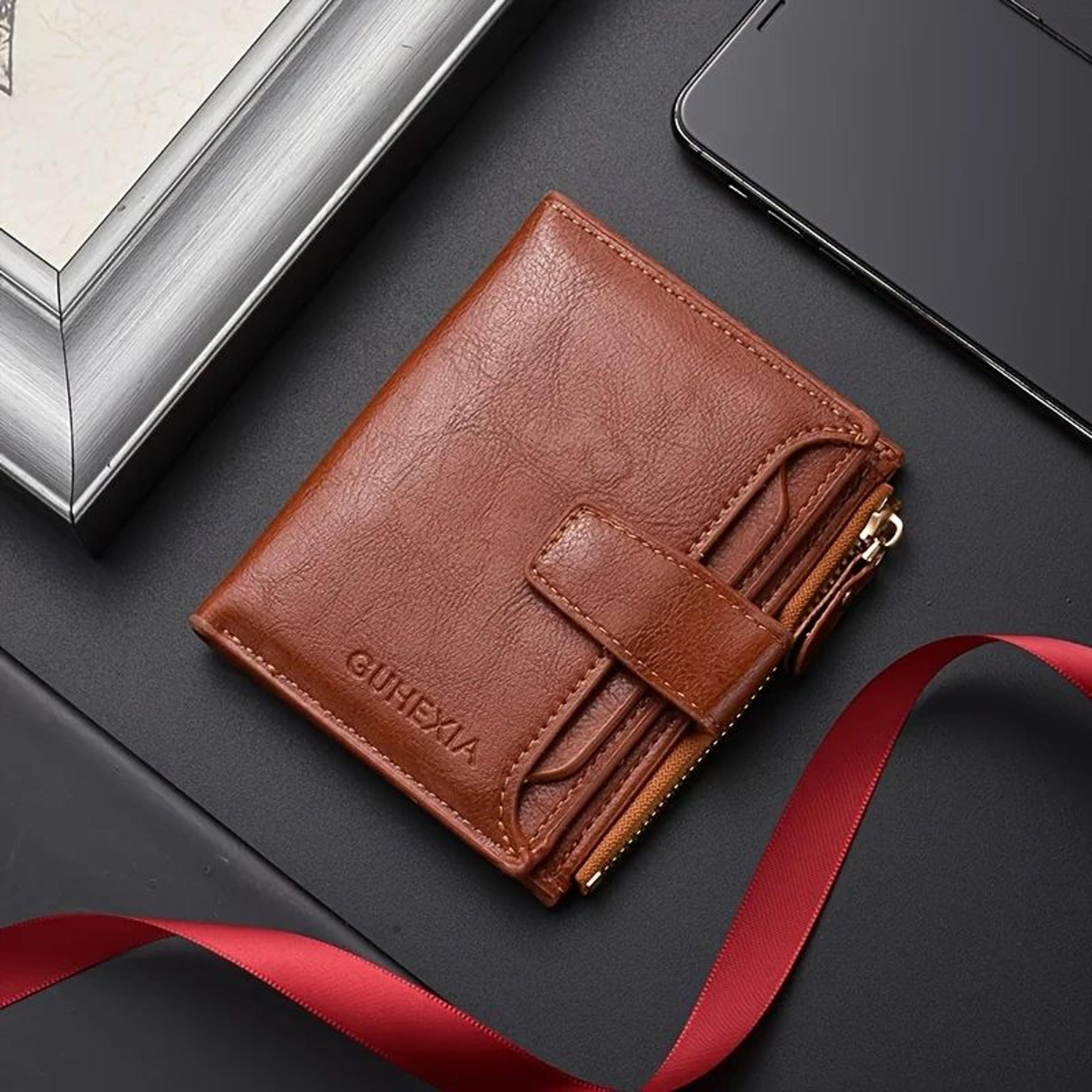 Men Vintage Leather Wallet  Large Capacity Billfold With Zipper Coin Pocket  ID Window 2