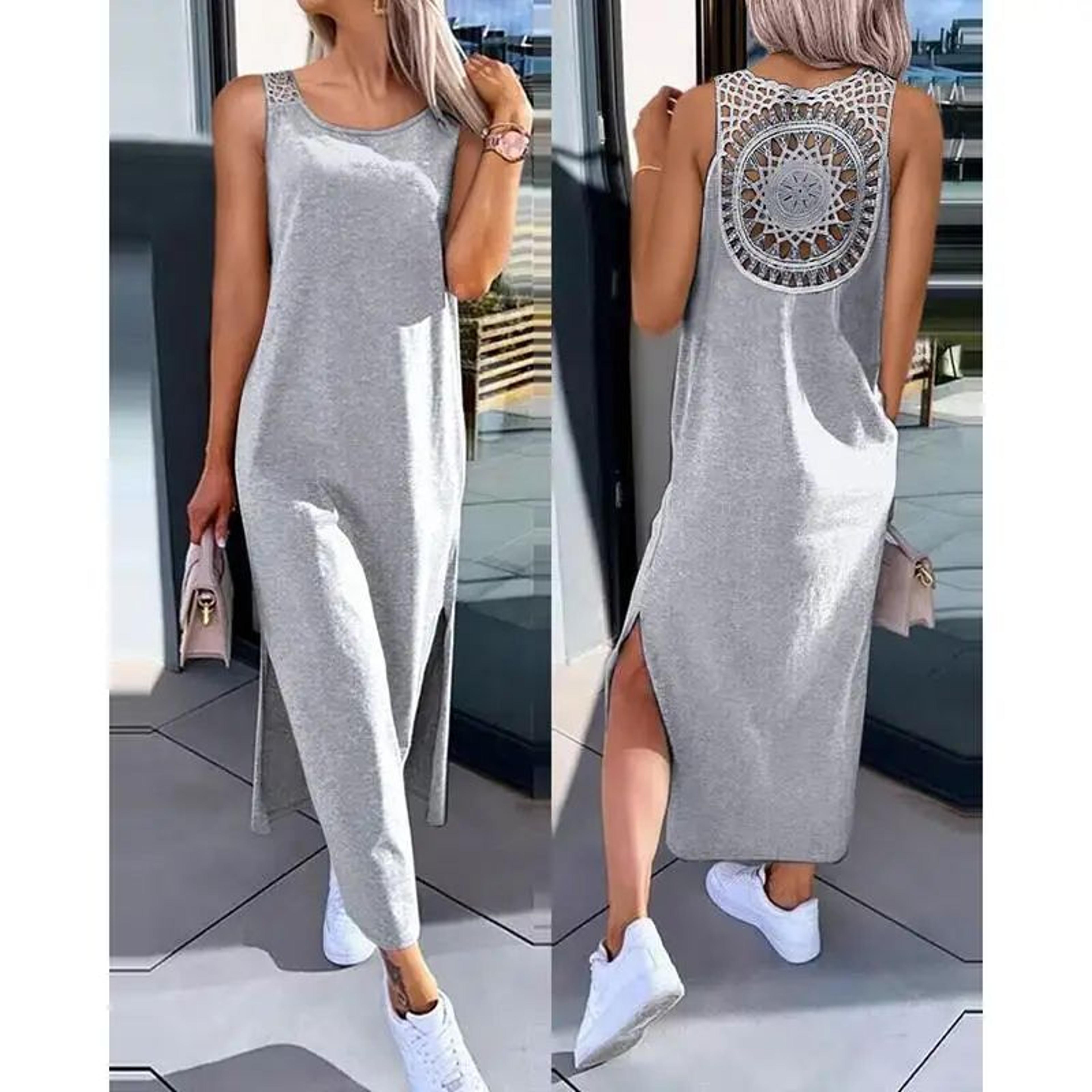 Sleeveless Midi Summer Dress  Flowy Hollow Casual Slit Dress For Women 9