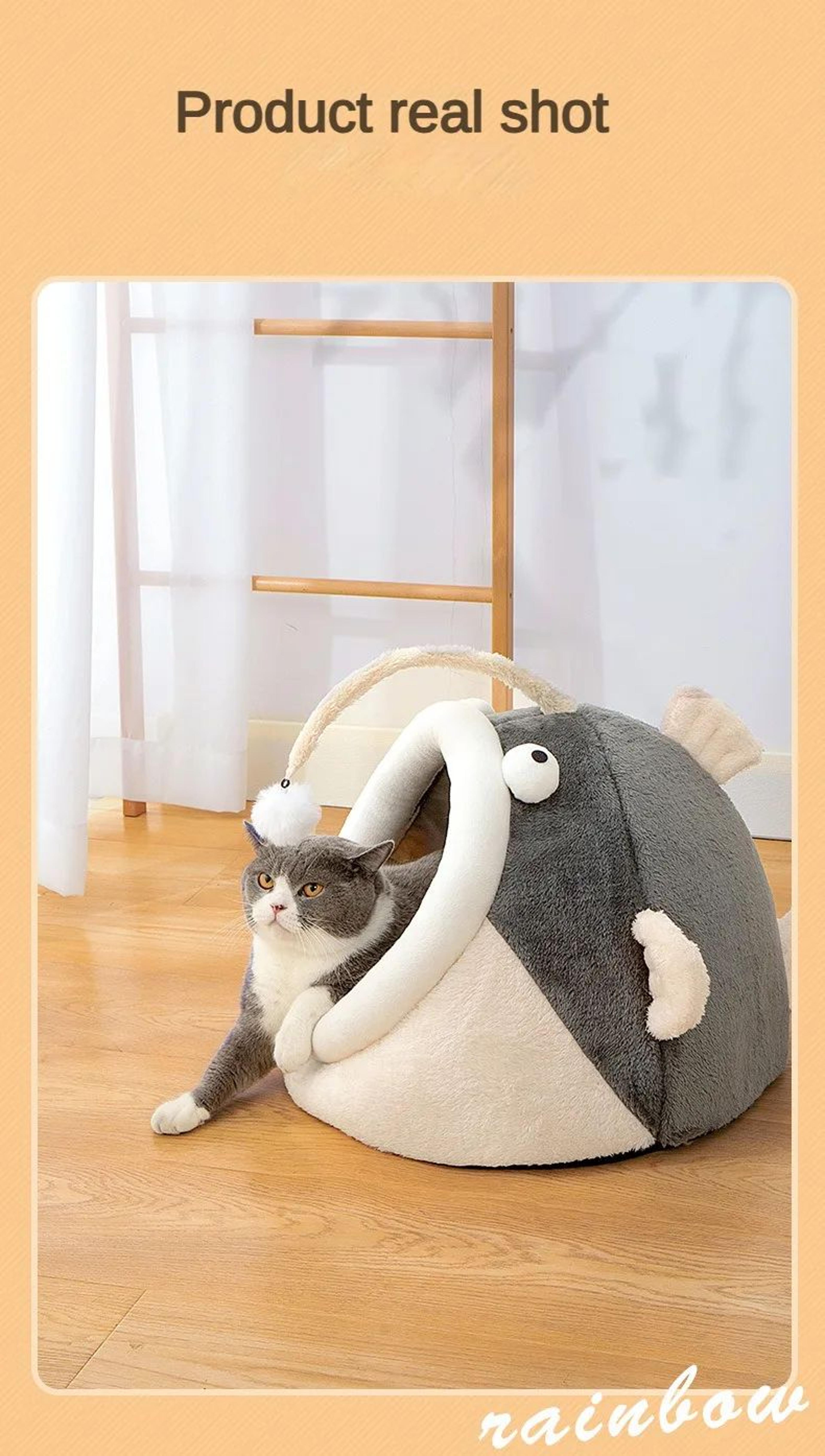 Lantern Fish Cat Bed Cozy Cave Pet House Warm Washable Lounger 4