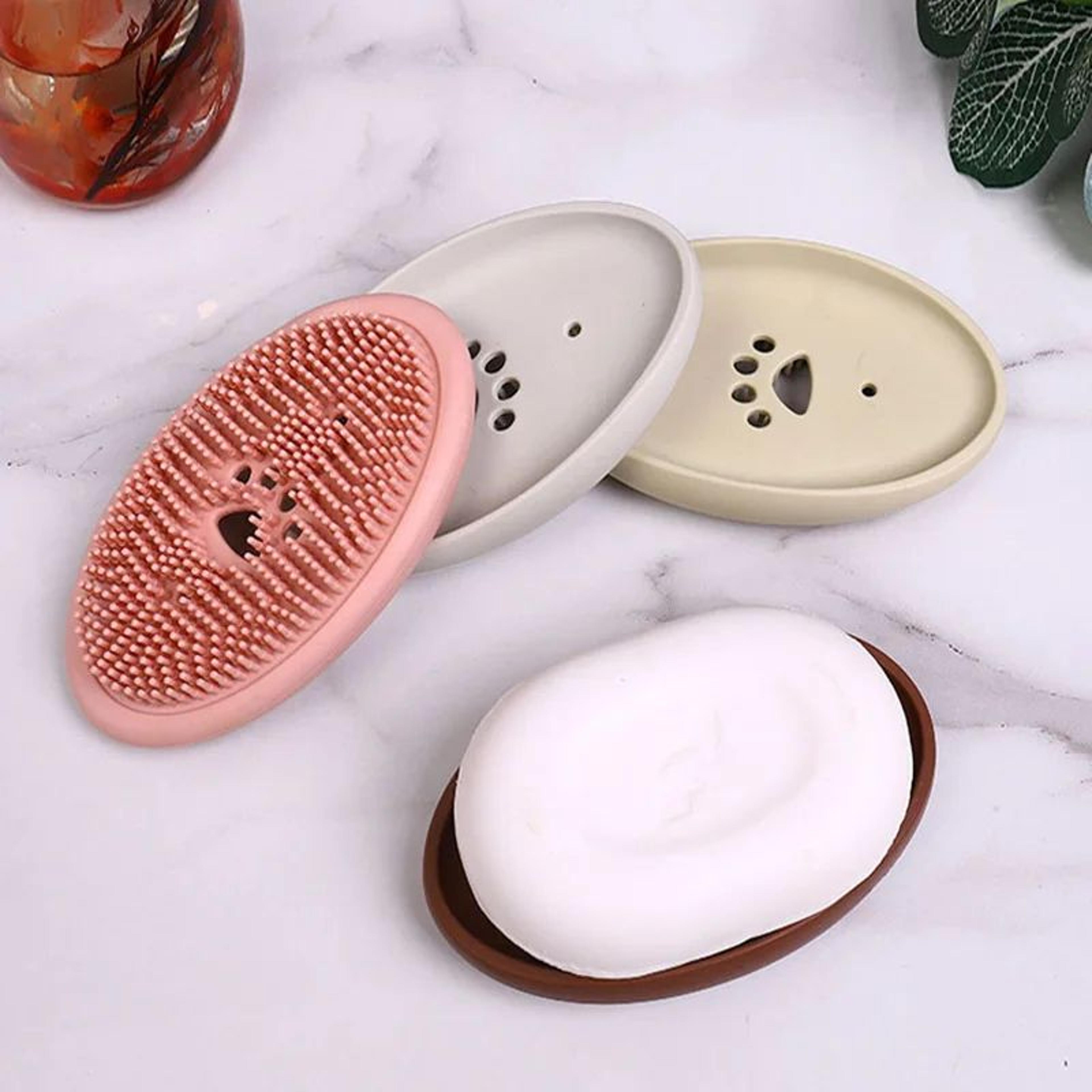 Premium SpaceSaving Silicone Soap Dish  Brush Set  Durable SelfDraining Holder For Kitchen  Bathroo 3