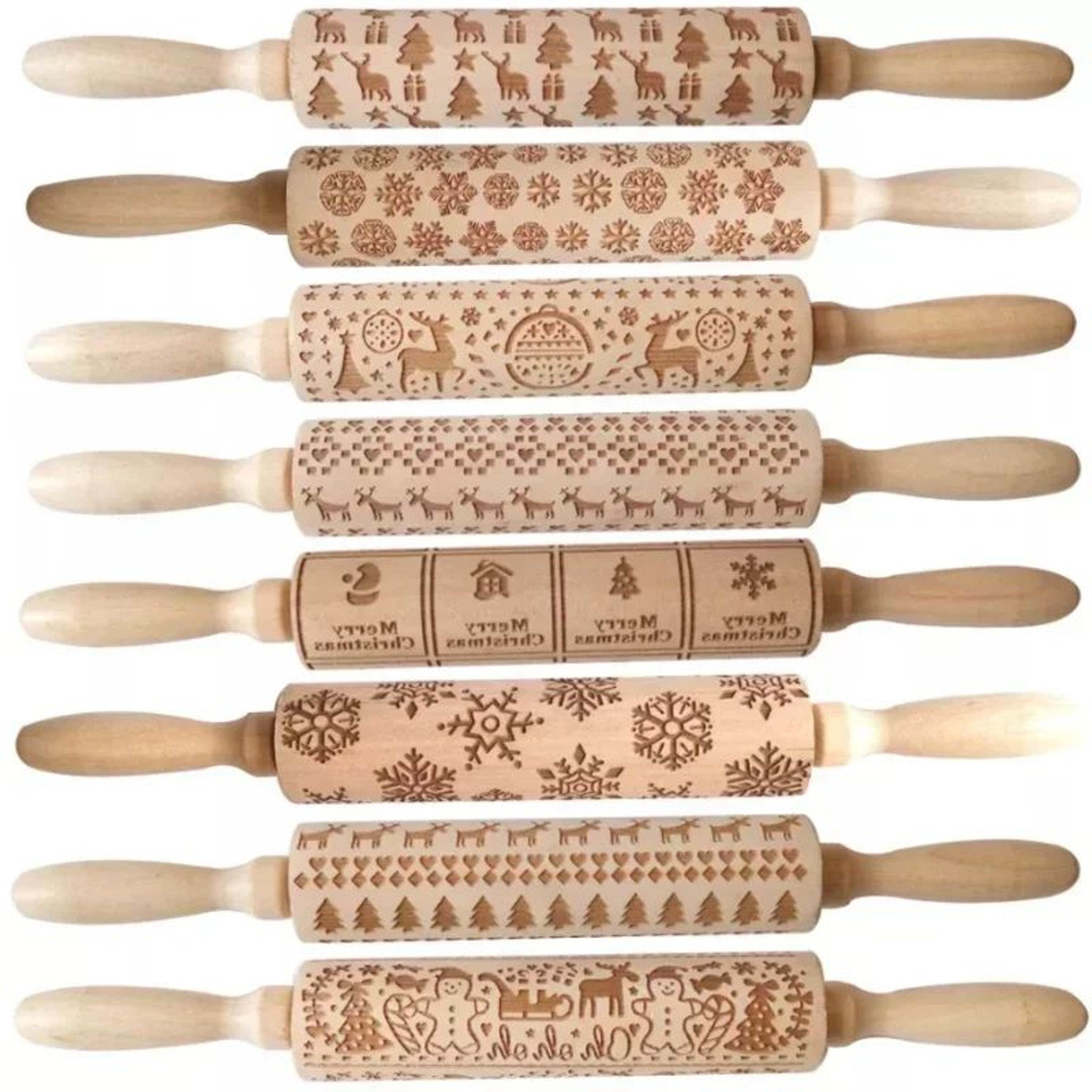 Premium Holiday Cookie Embossing Rolling Pin  Christmas Pattern Wooden Dough Roller 0