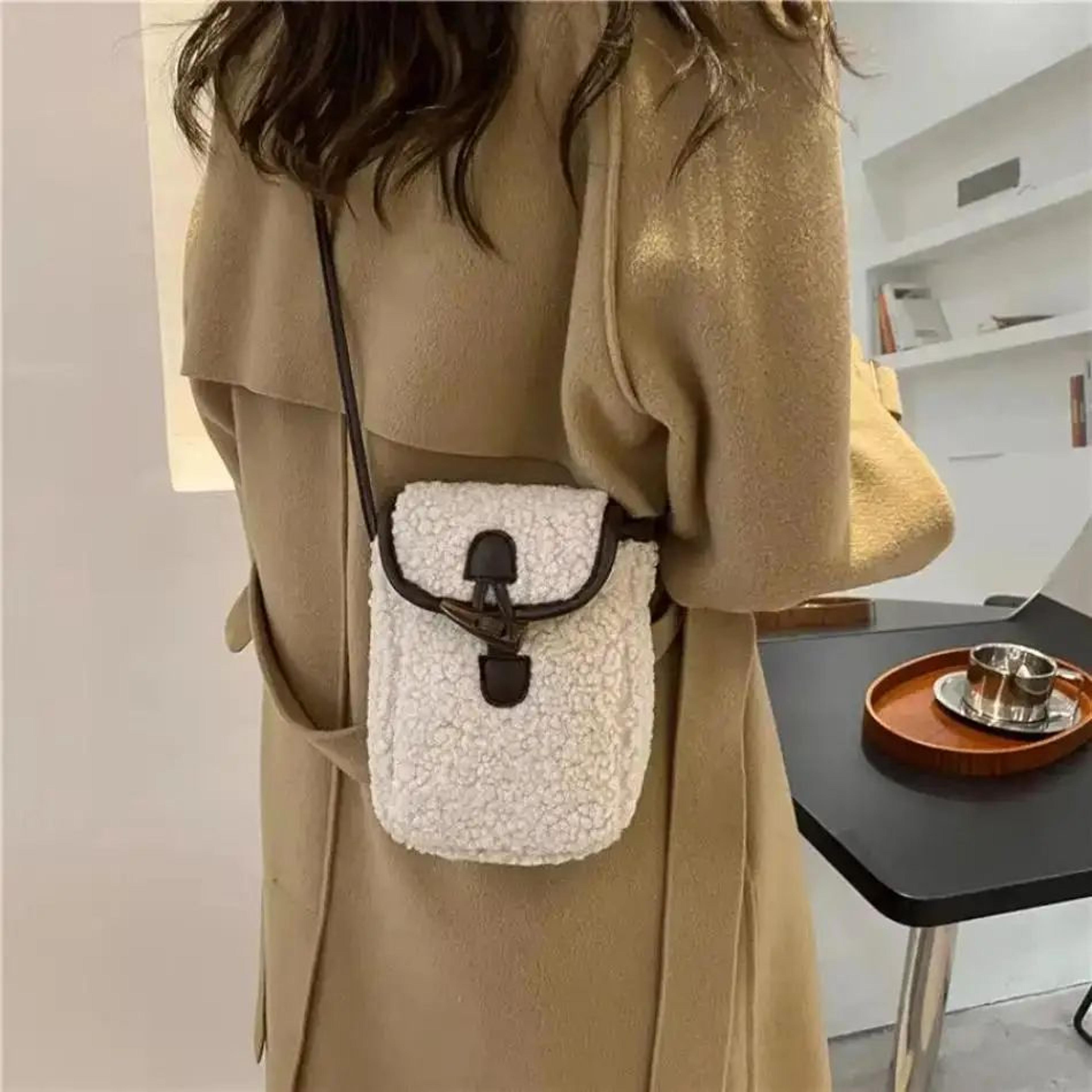 Women Retro Lamb Fleece Crossbody Phone Bag  Minimalist ColorBlock Shoulder Mini Bag 5
