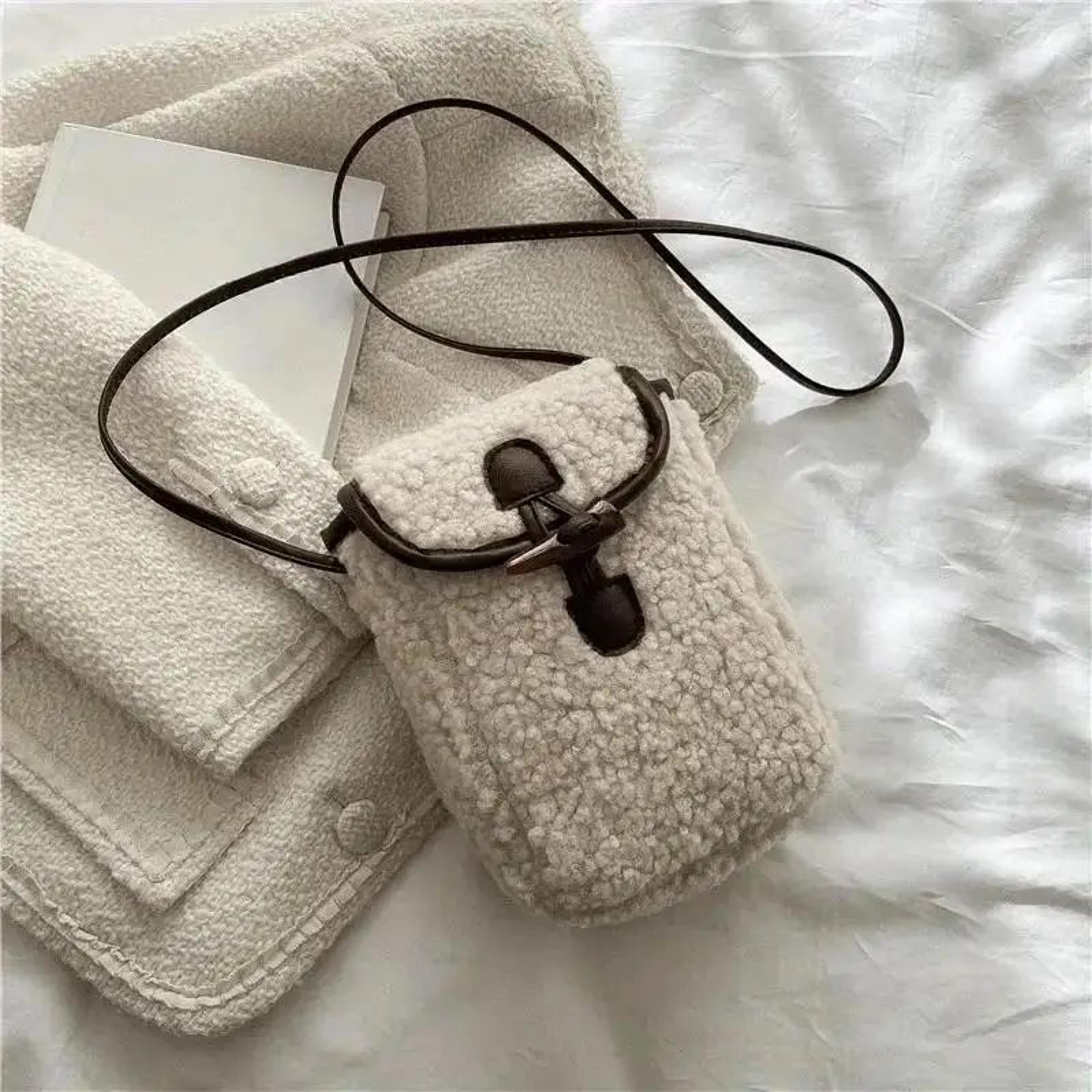 Women Retro Lamb Fleece Crossbody Phone Bag  Minimalist ColorBlock Shoulder Mini Bag 6