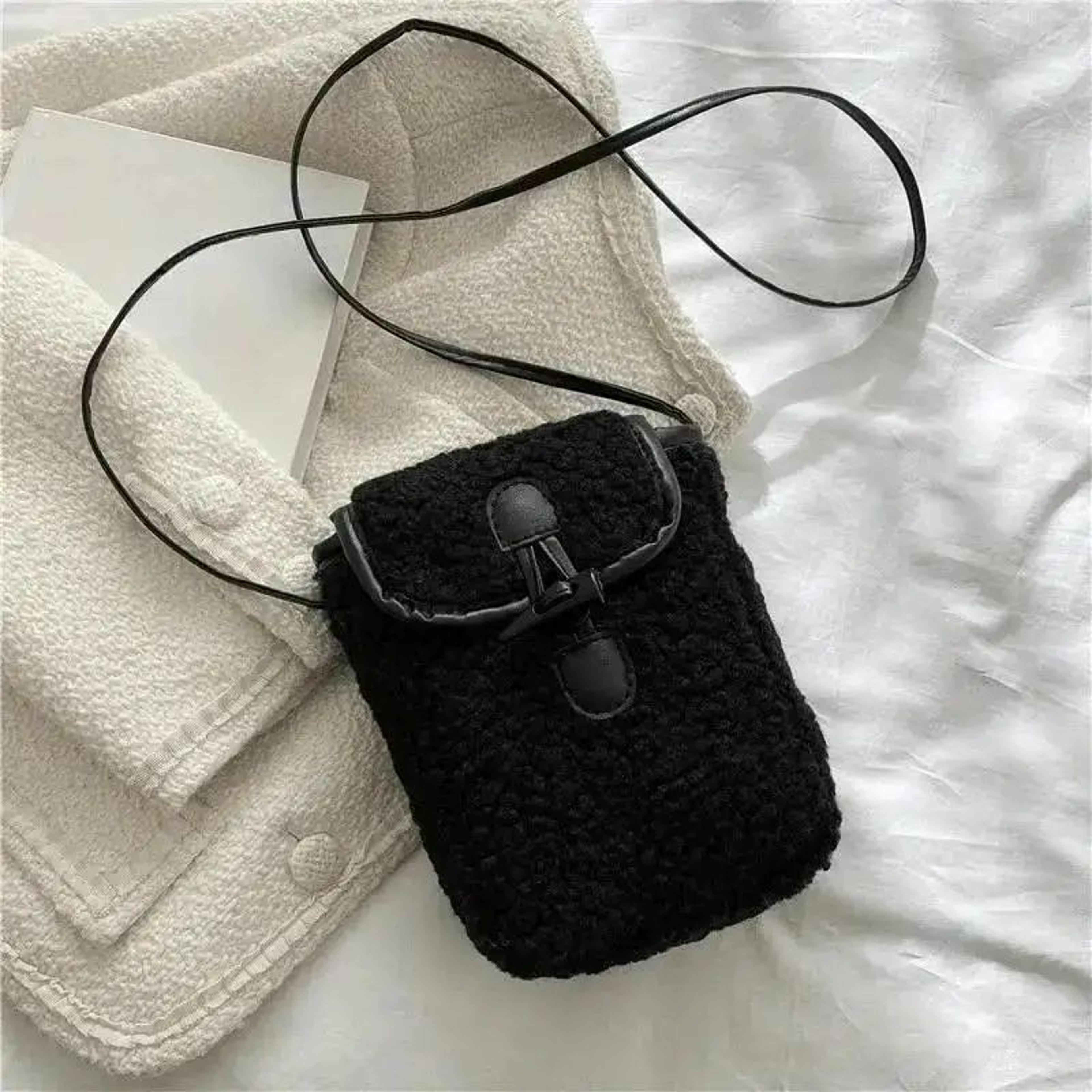 Women Retro Lamb Fleece Crossbody Phone Bag  Minimalist ColorBlock Shoulder Mini Bag 7