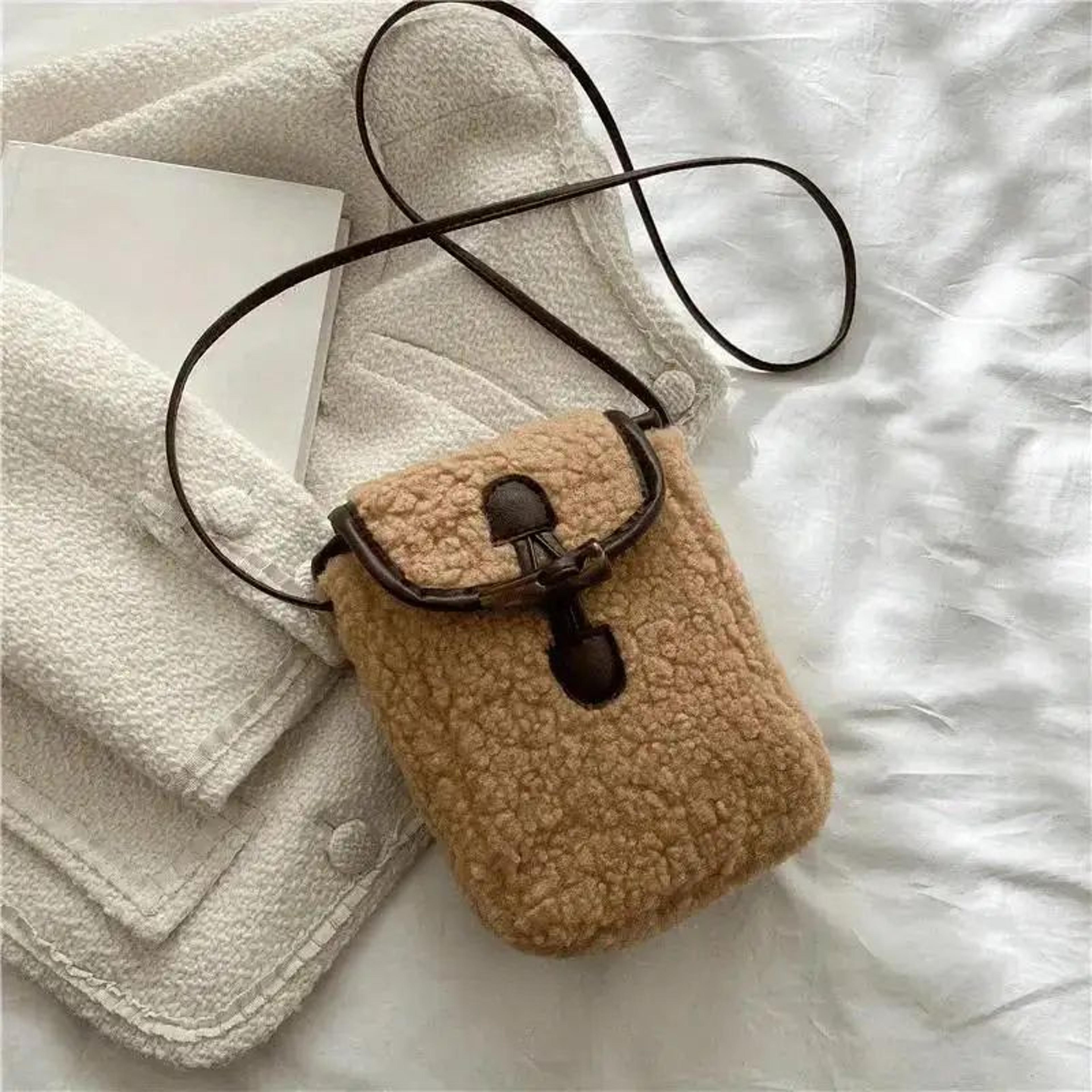 Women Retro Lamb Fleece Crossbody Phone Bag  Minimalist ColorBlock Shoulder Mini Bag 8