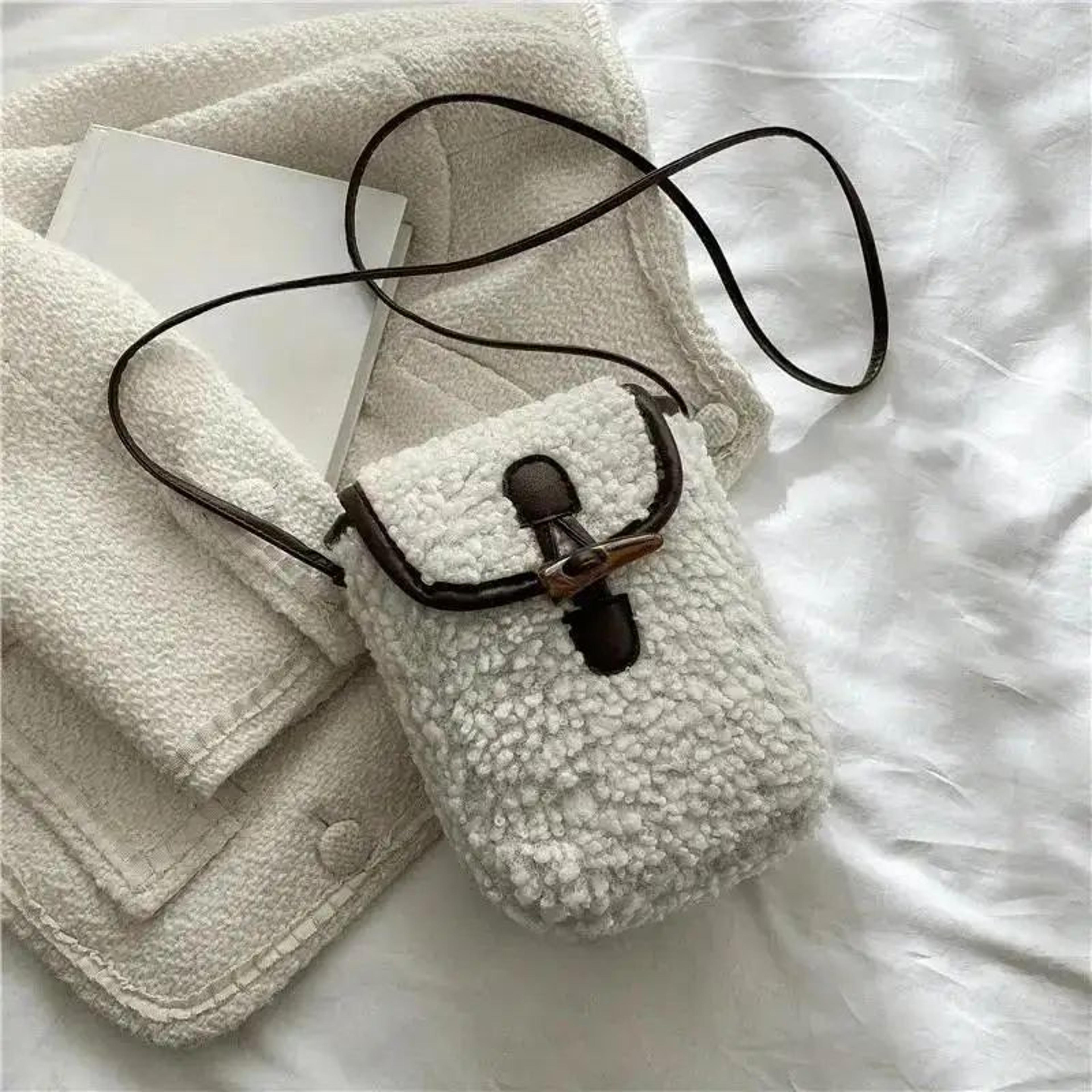 Women Retro Lamb Fleece Crossbody Phone Bag  Minimalist ColorBlock Shoulder Mini Bag 9