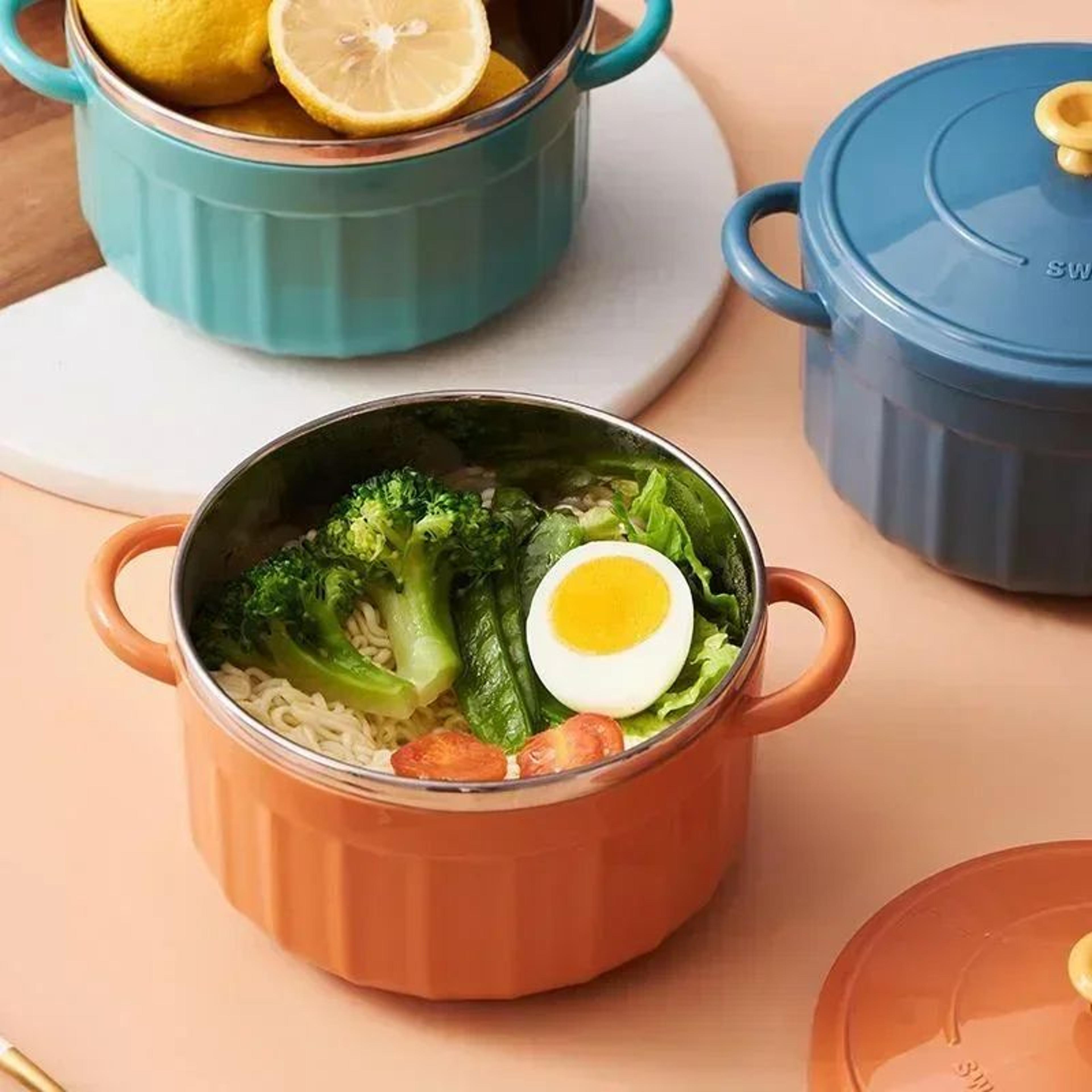 Stainless Steel Noodle Bowl With Lid MicrowaveSafe Double Handle Soup Bowl 1