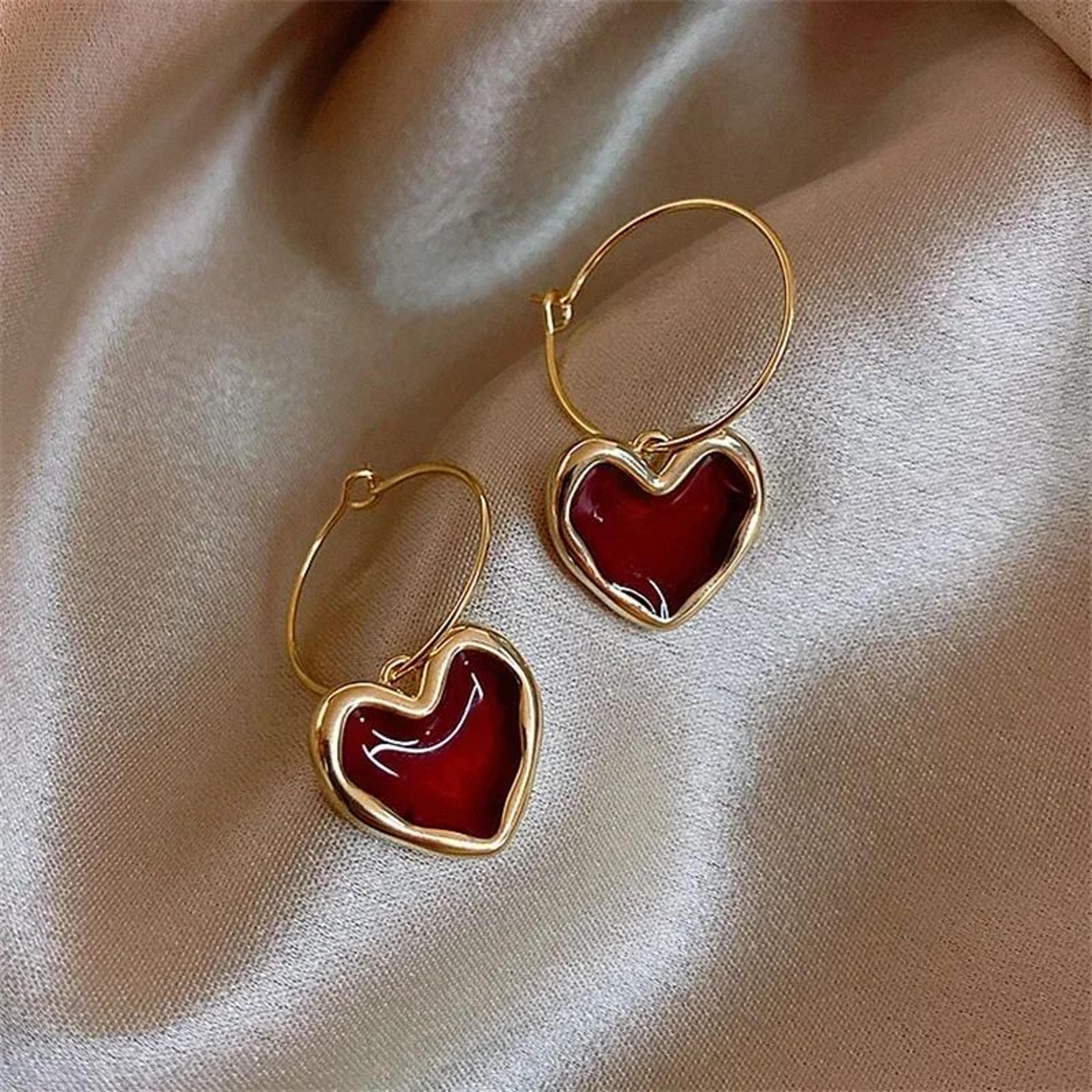 Velvet Wine Red Heart Earrings  Elegant Heart Shaped Earrings For Women 6