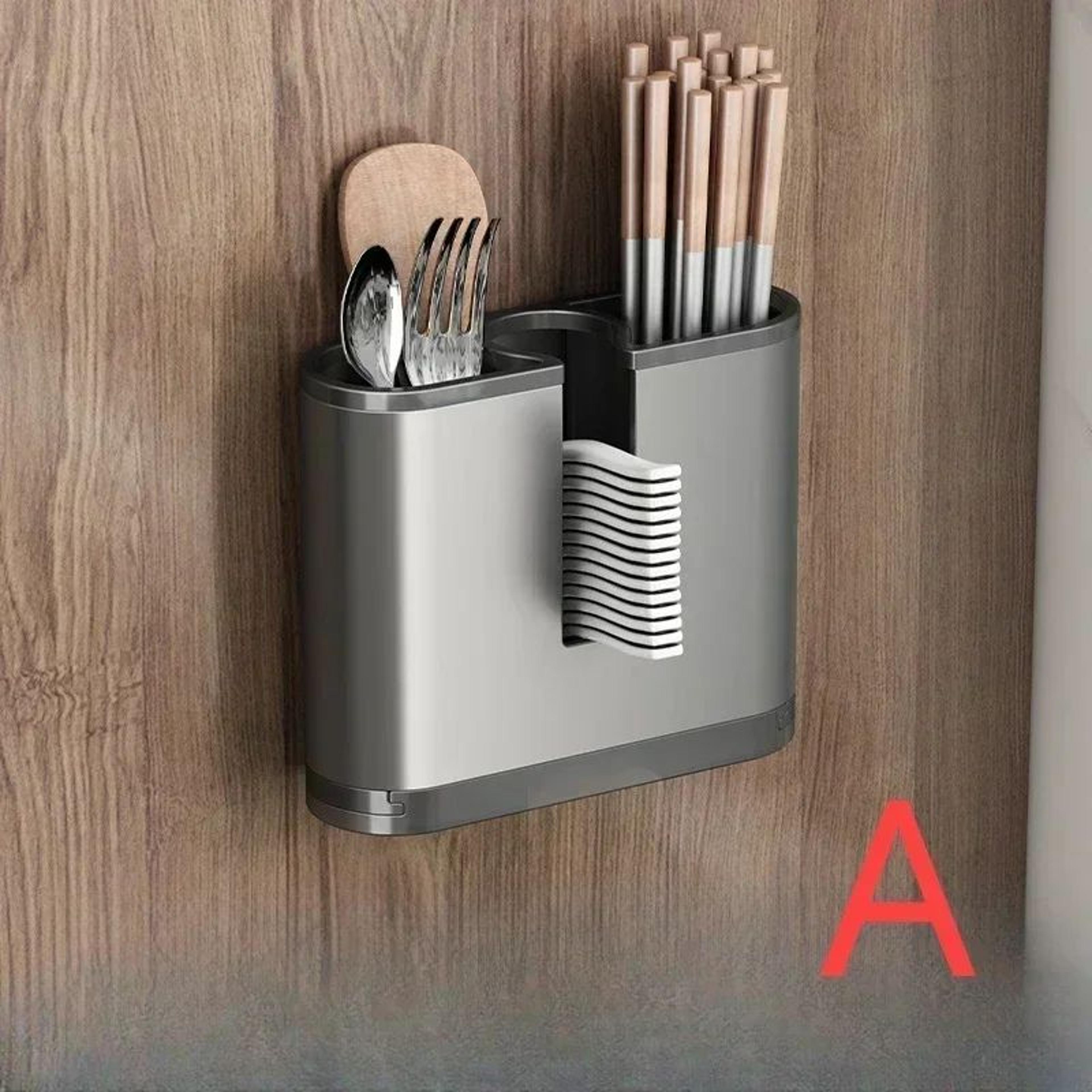 DryNest Wall Mounted Chopstick Holder With Drain Tray  Space Aluminum Utensil Storage Rack 6