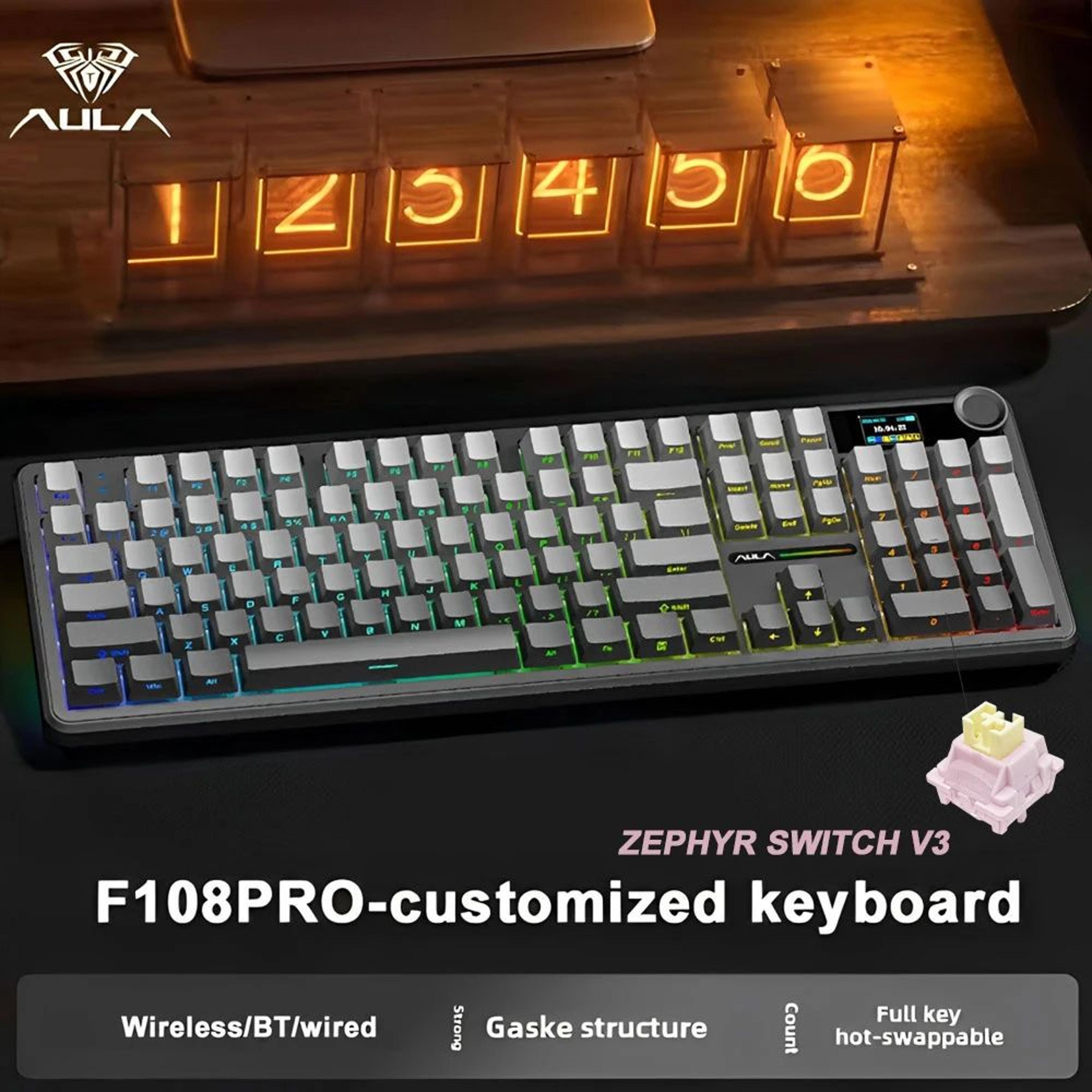 AULA F108 Pro TriMode Wireless Mechanical Keyboard  RGB Gaming Keyboard With TFT Smart Display  Con 7