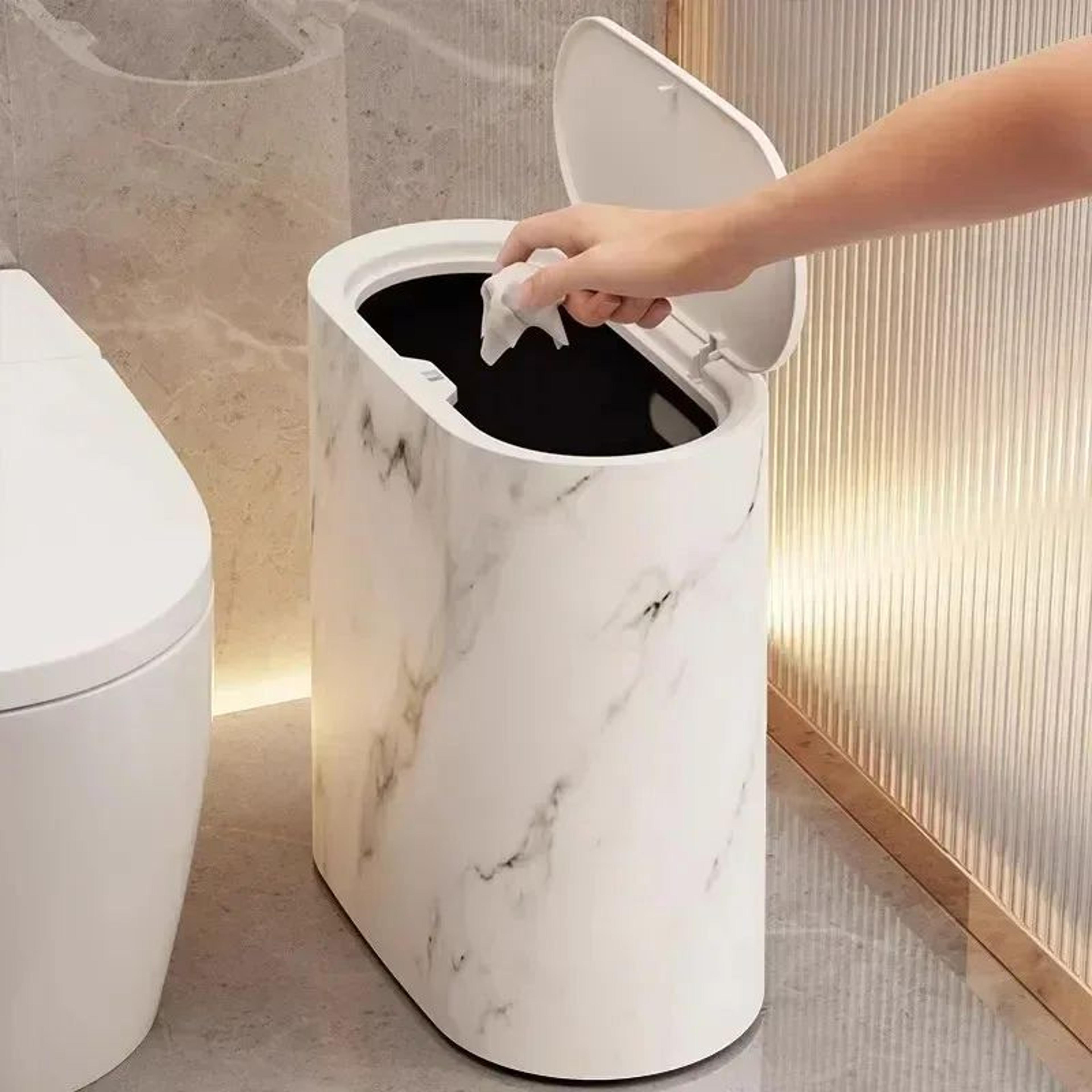 Nordic Marble Slim Bathroom Trash Can With Press Lid  OdorProof Narrow Wastebasket 2