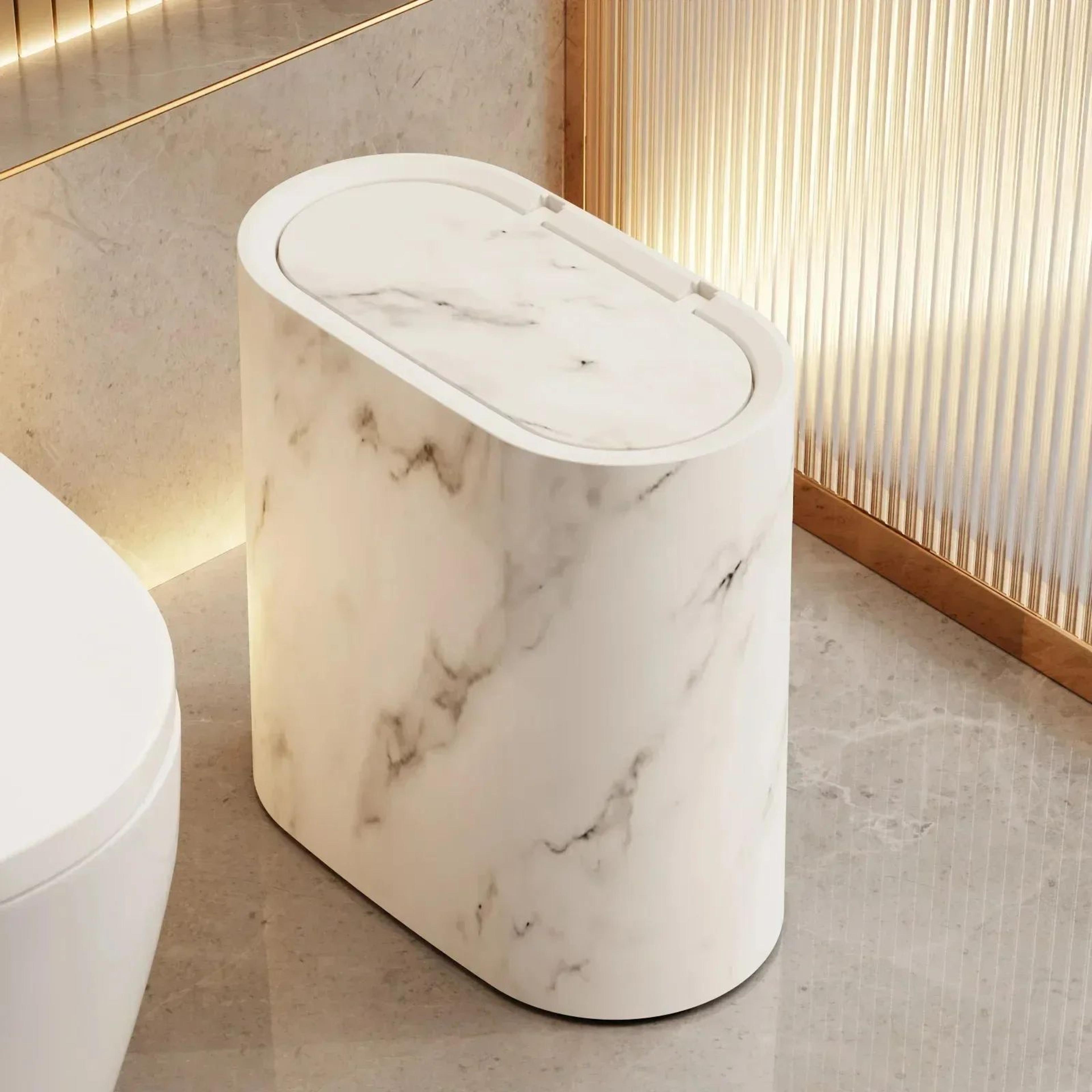 Nordic Marble Slim Bathroom Trash Can With Press Lid  OdorProof Narrow Wastebasket 8