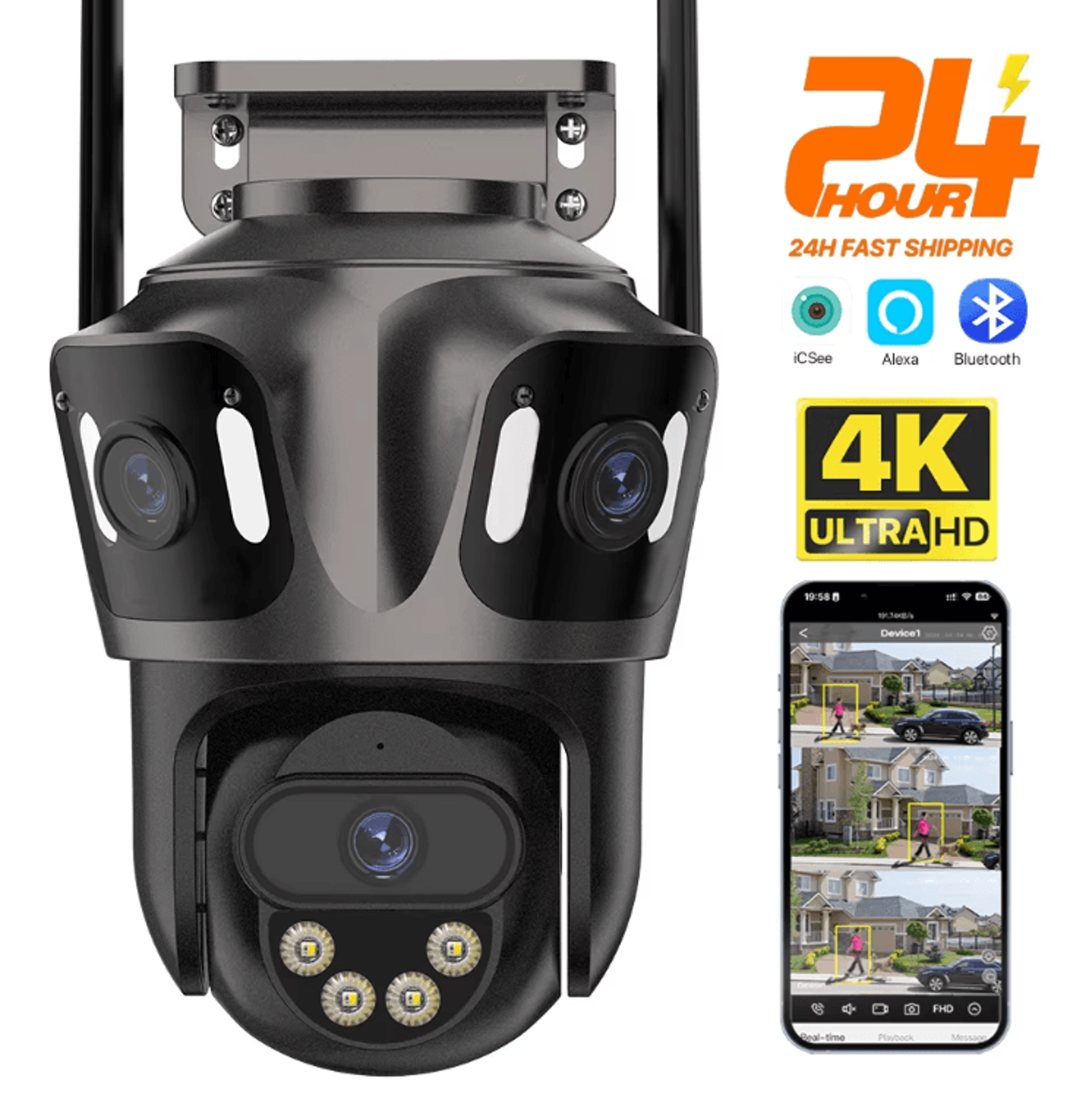 ThreeScreen 4K DualLens PTZ WiFi Security Camera  Outdoor AI Human Detection CCTV 0