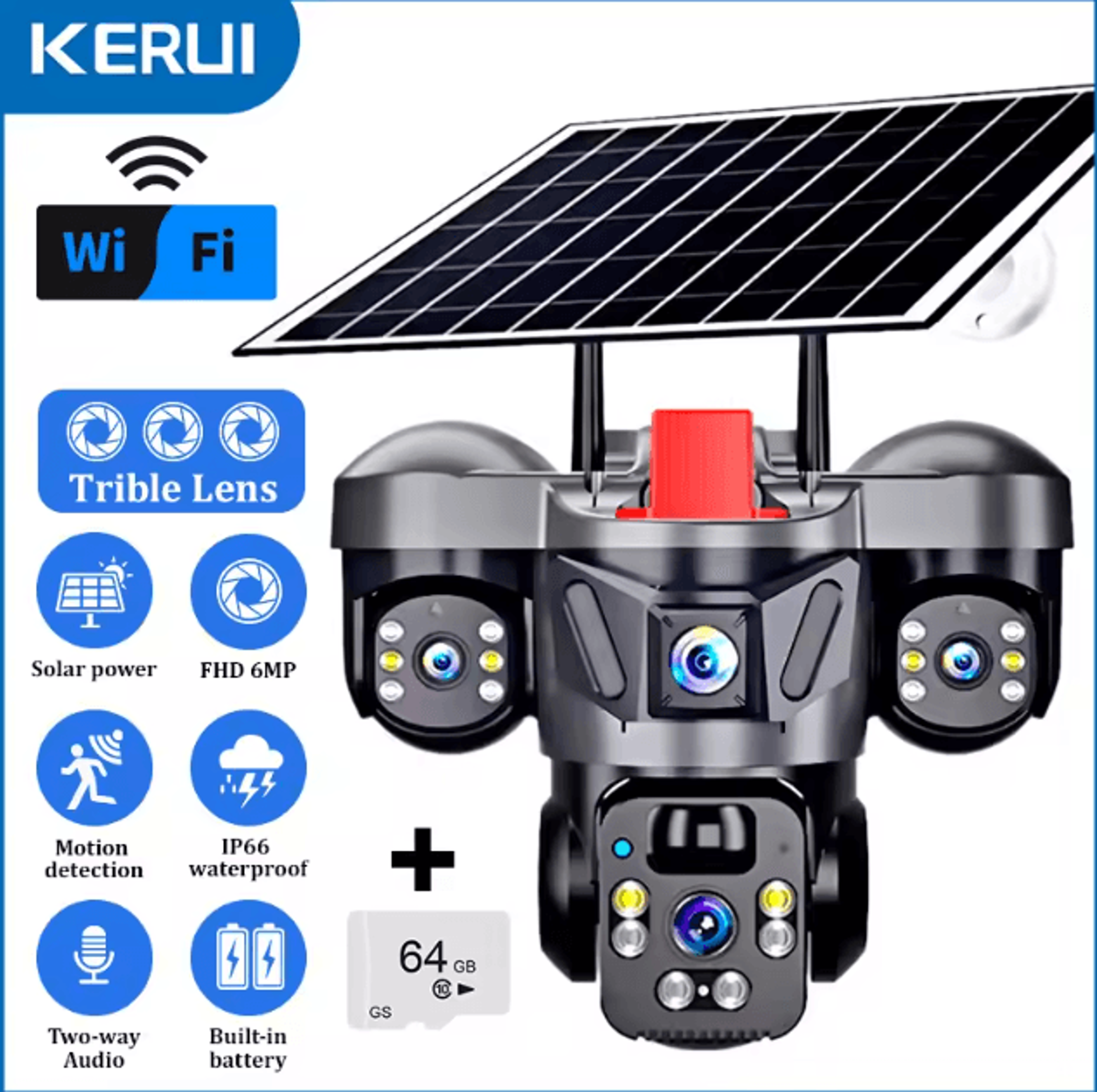 KERUI 6MP Solar 4G TripleLens PTZ Security Camera  Outdoor WiFi CCTV With AI Human Detection 5