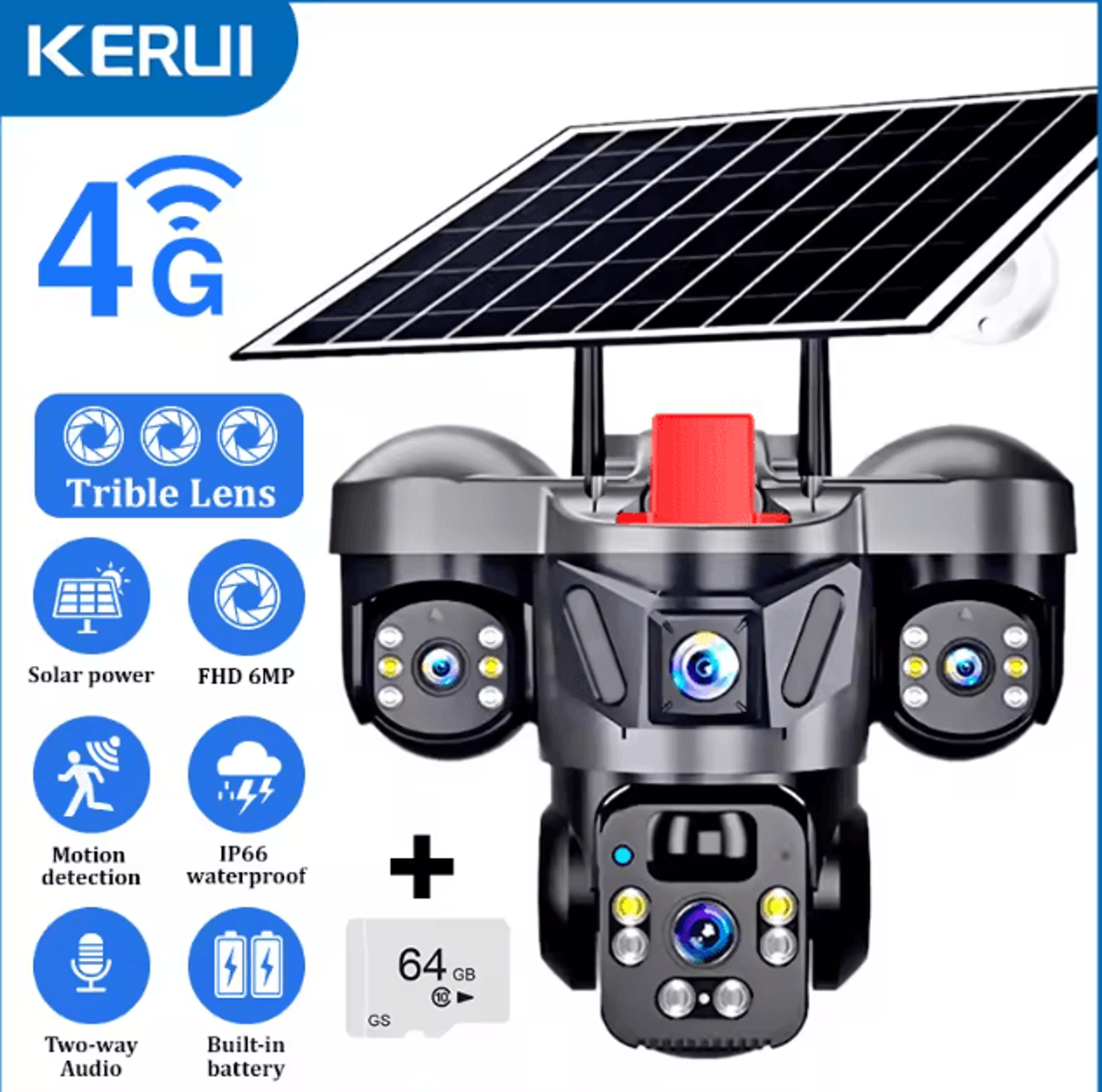 KERUI 6MP Solar 4G TripleLens PTZ Security Camera  Outdoor WiFi CCTV With AI Human Detection 8