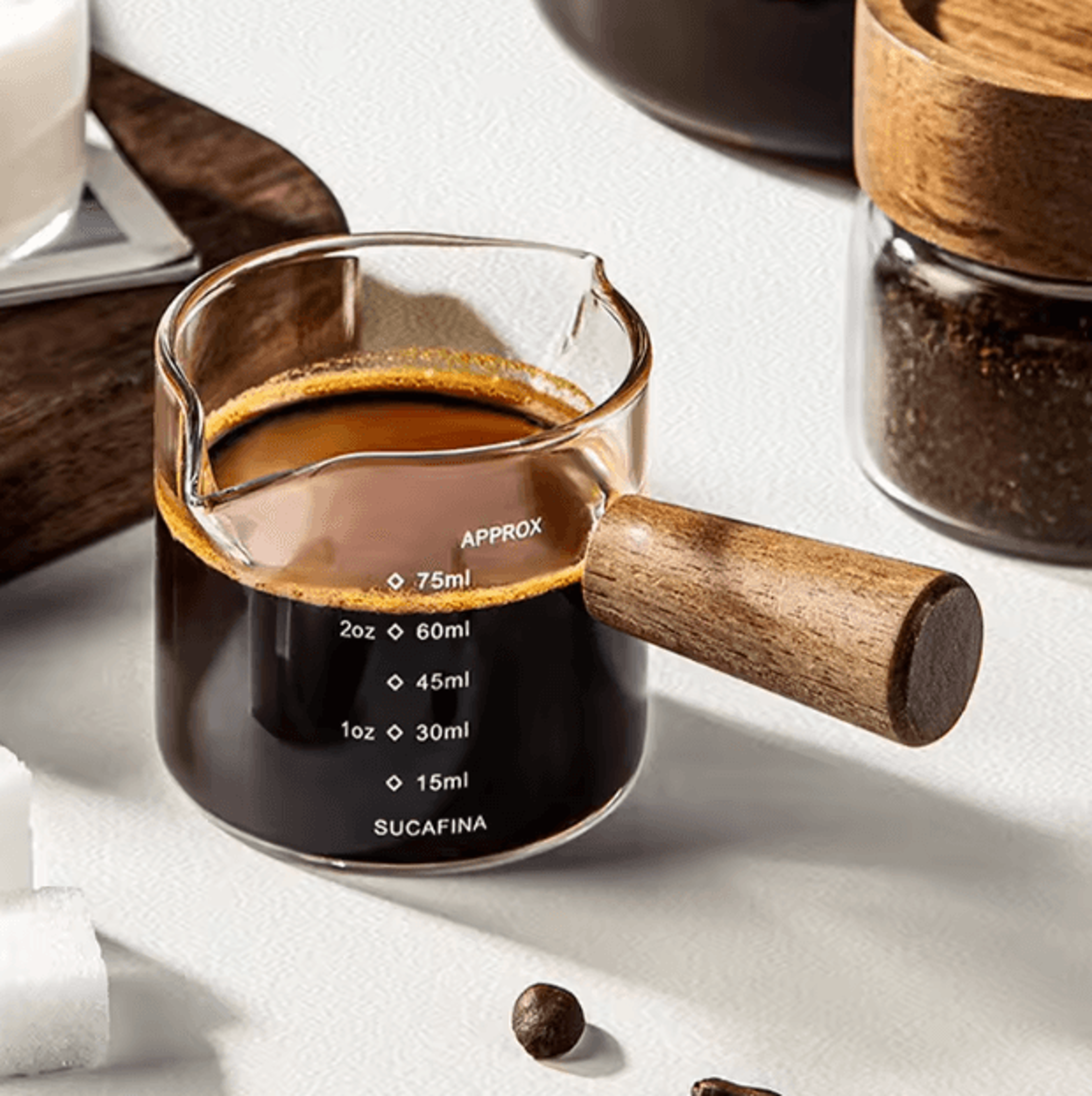 Glass Espresso Measuring Cup With Wooden Handle  Double Spout Milk  Coffee Pouring Cup 1