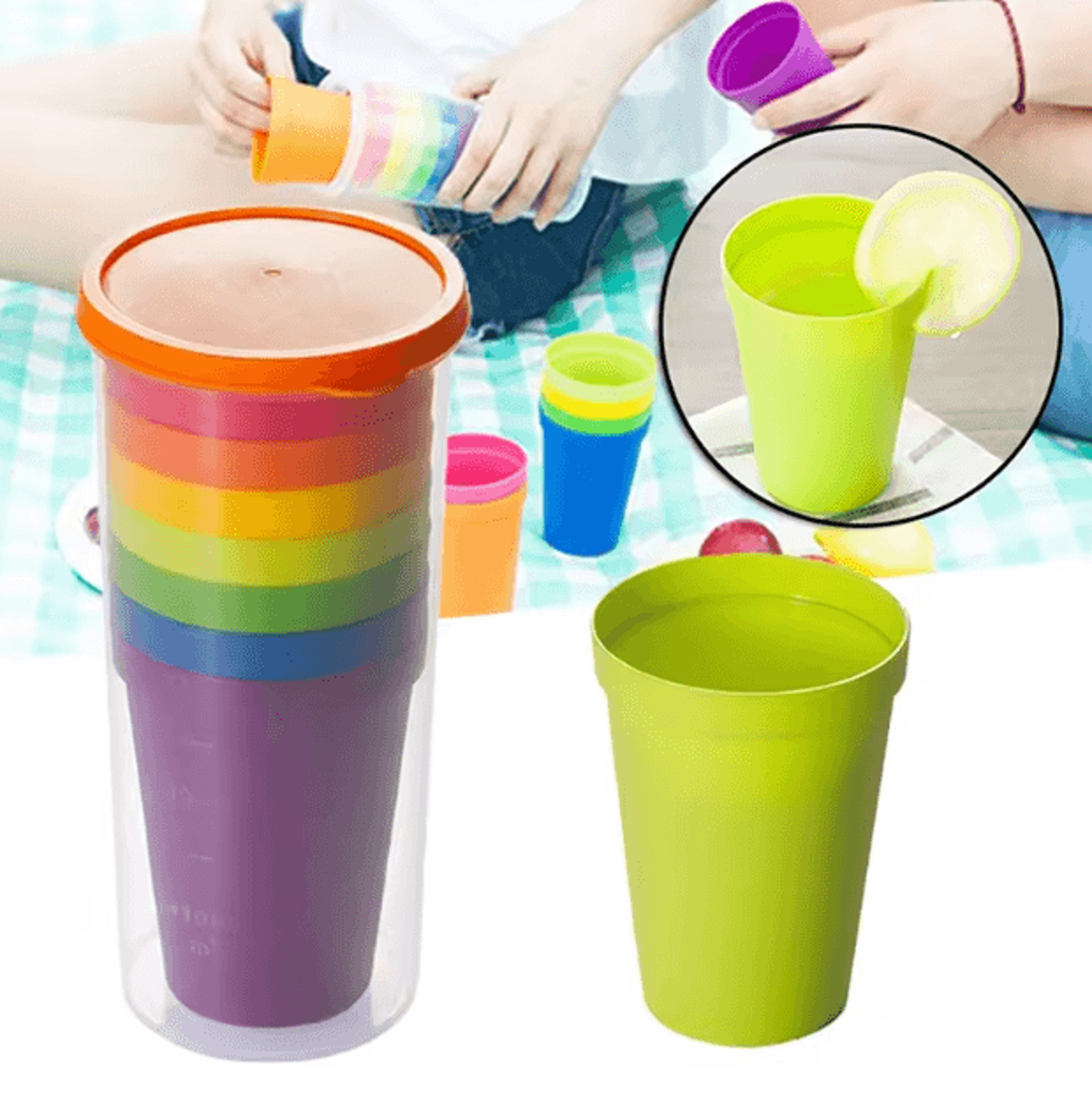 7PCS Rainbow Plastic Cups Set  Reusable Stackable Picnic  Kids Party Drink Cups 1