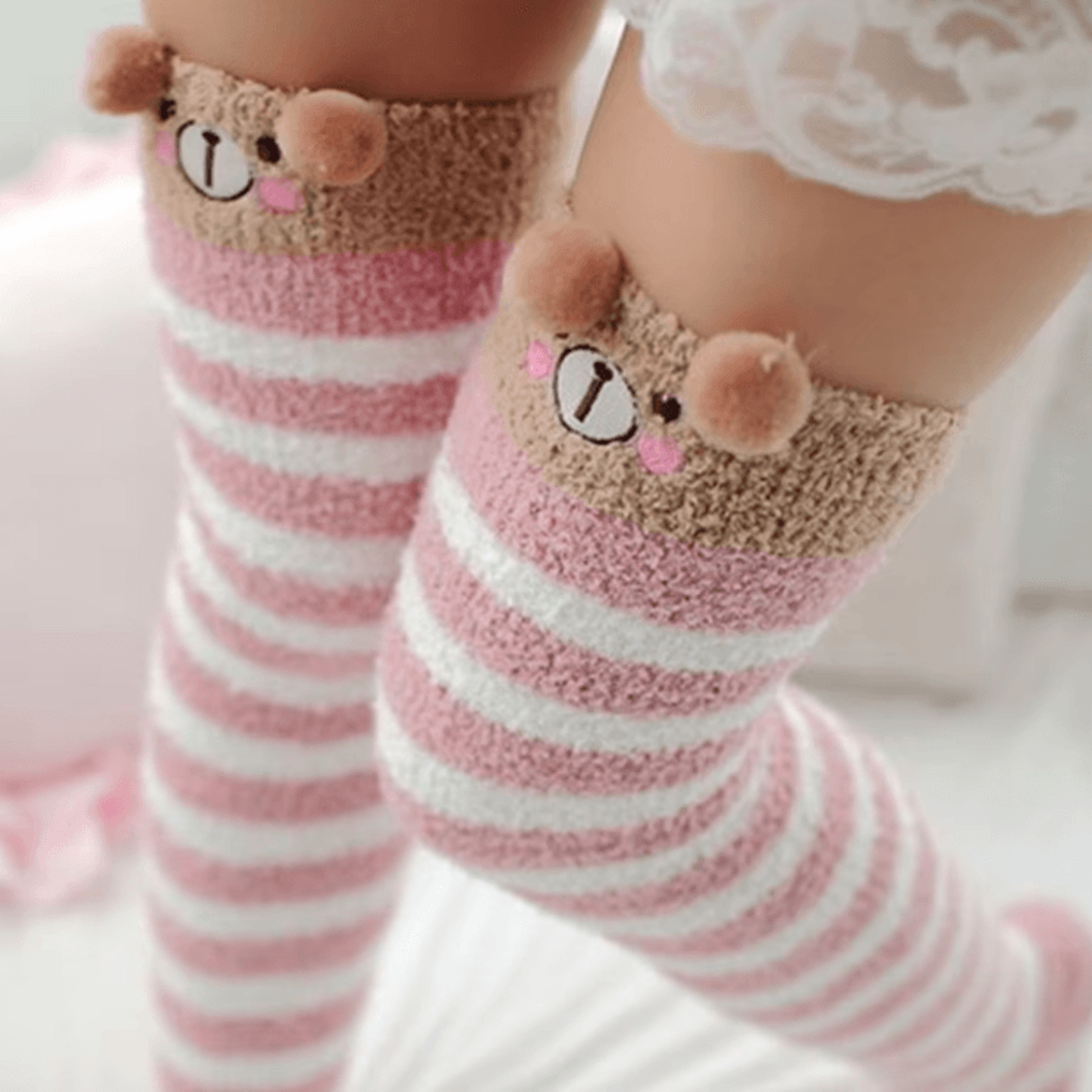 Kawaii Animal Print Thigh High Socks  Cute Striped Japanese Warm Knee Socks 2