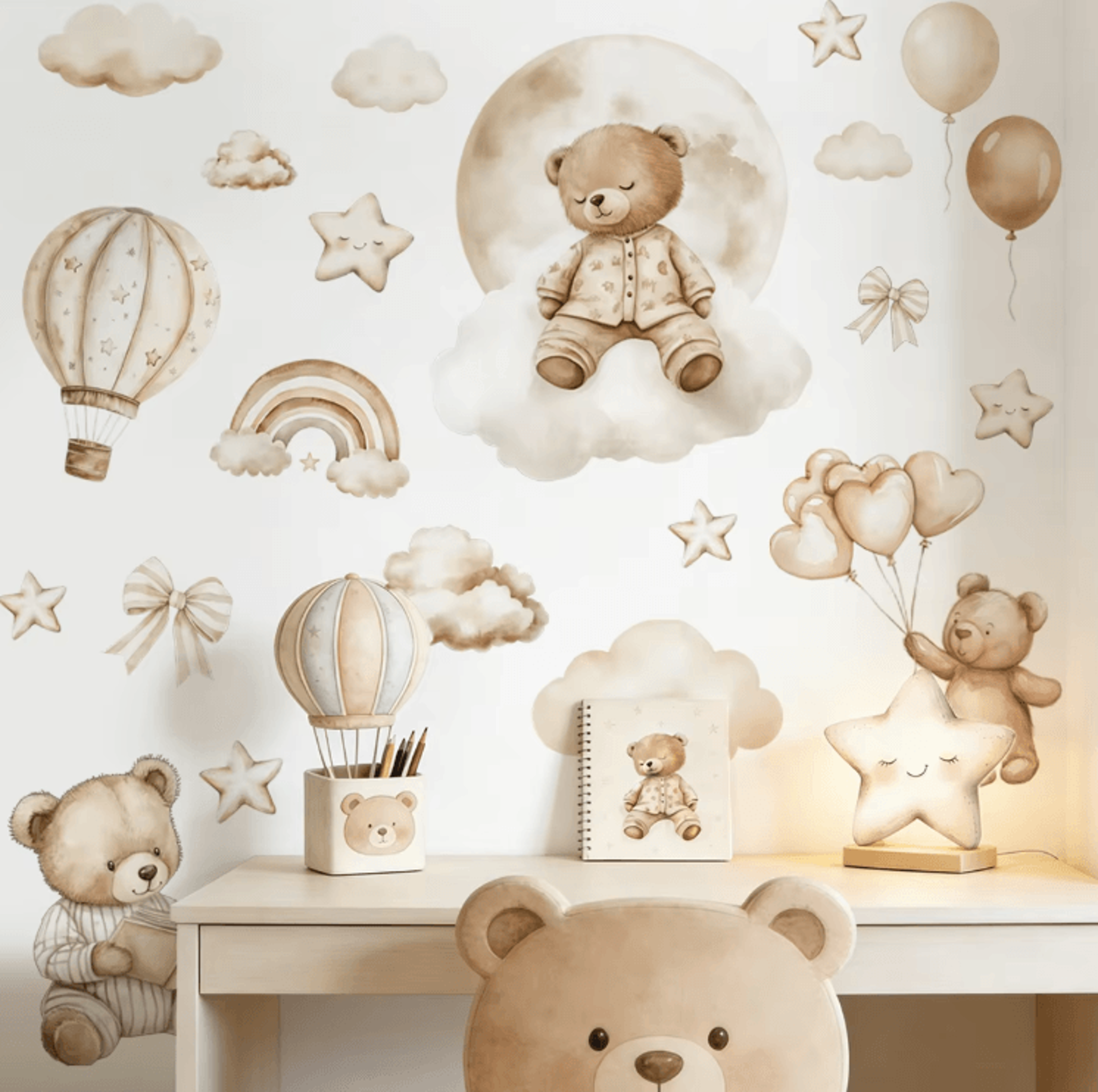 Boho Teddy Bear Balloon Wall Stickers  Watercolor Nursery Wall Decals For Kids Room Decor 0