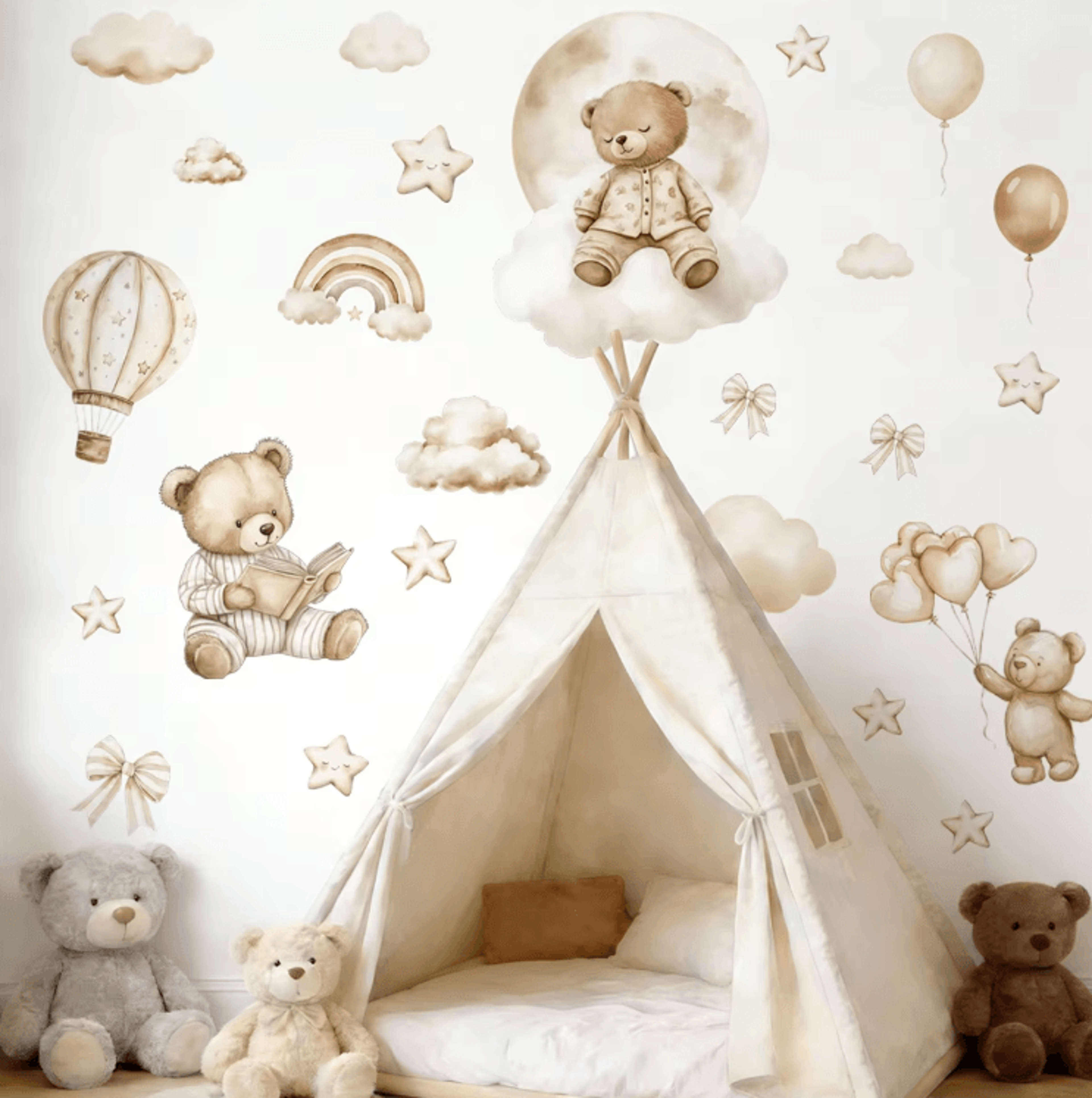 Boho Teddy Bear Balloon Wall Stickers  Watercolor Nursery Wall Decals For Kids Room Decor 2