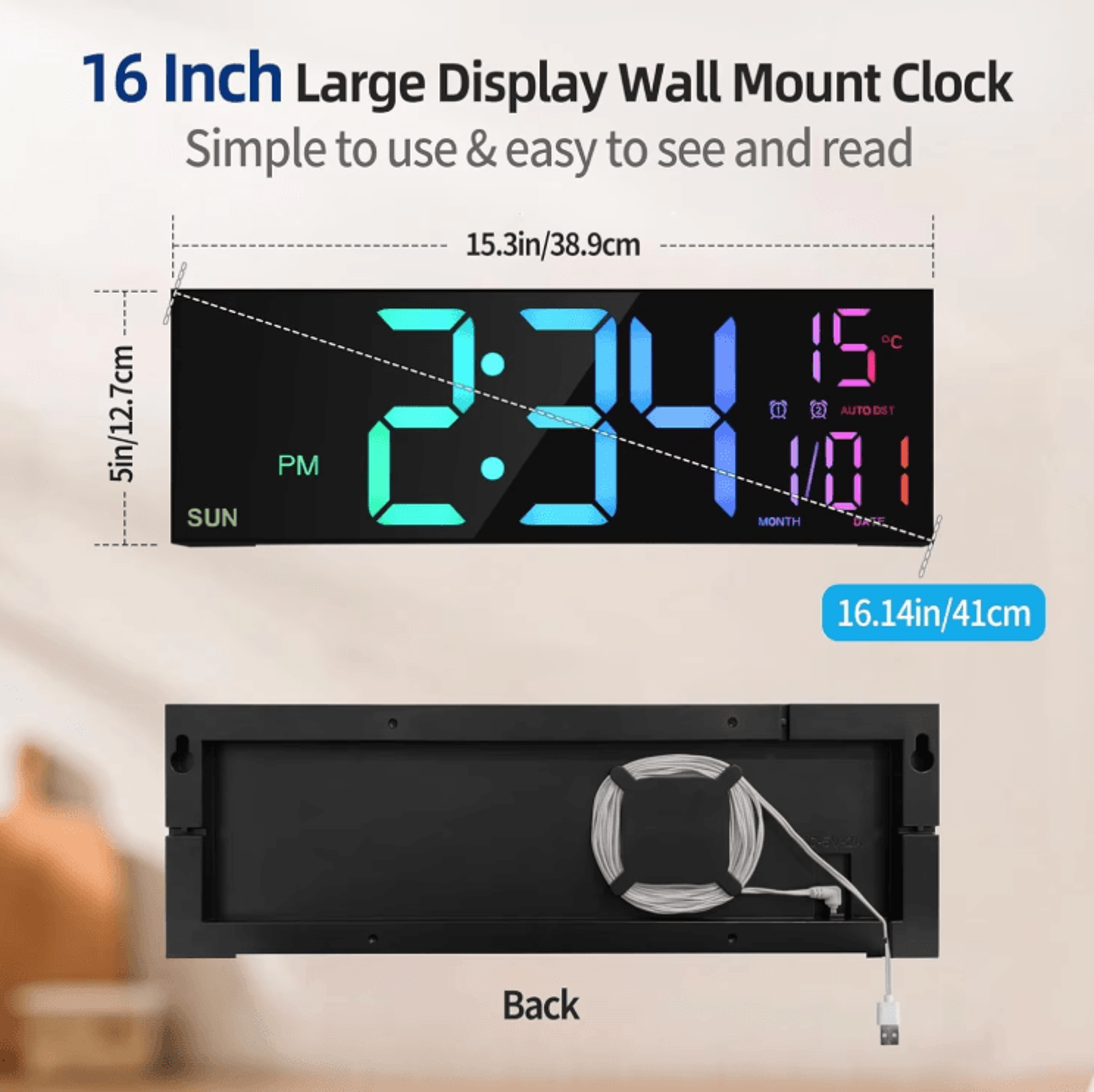 162 RGB Large Digital Wall Clock With Remote Control  Dual Alarm Display 1