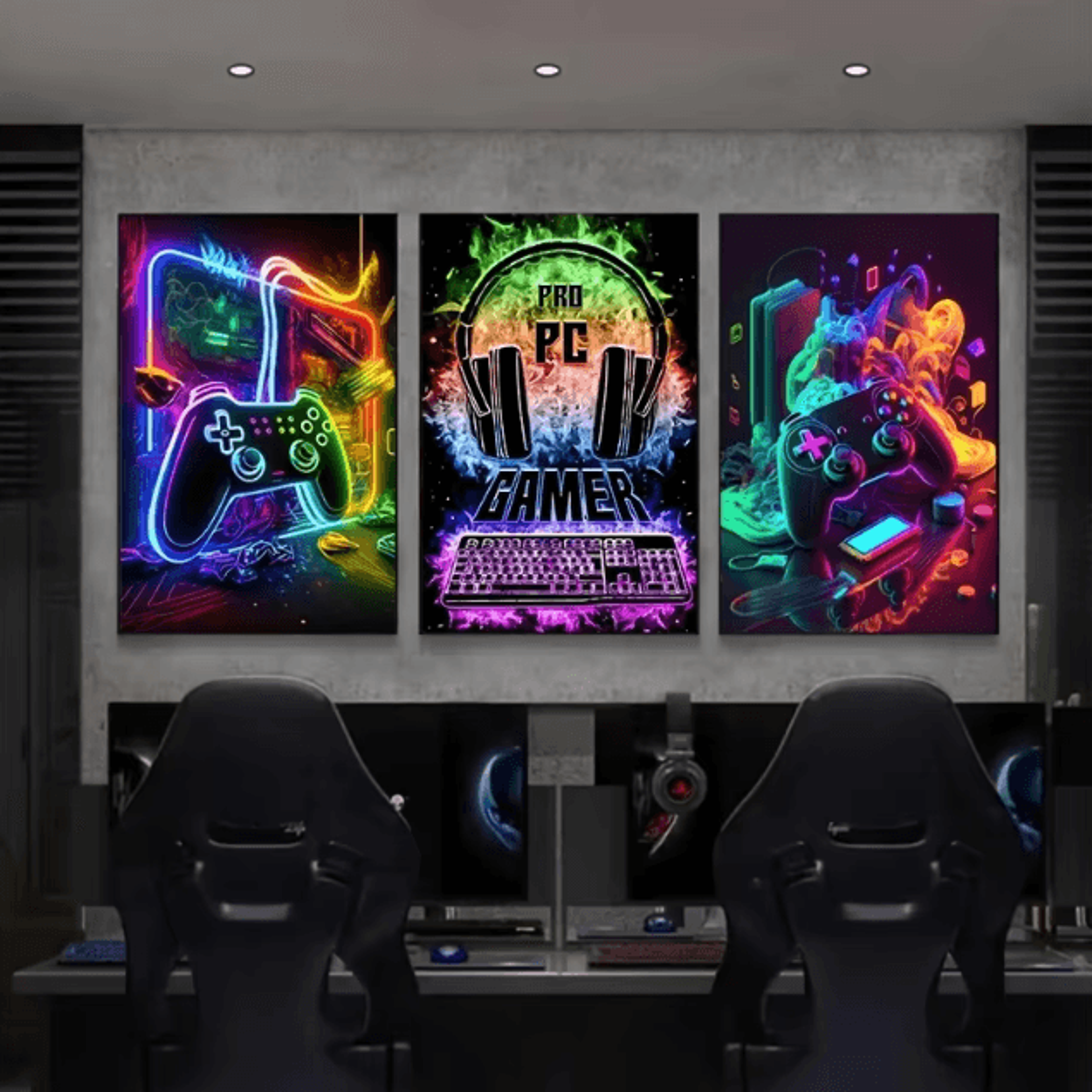 3pcs gaming room canvas wall art – punk gamepad posters for gamer room decor