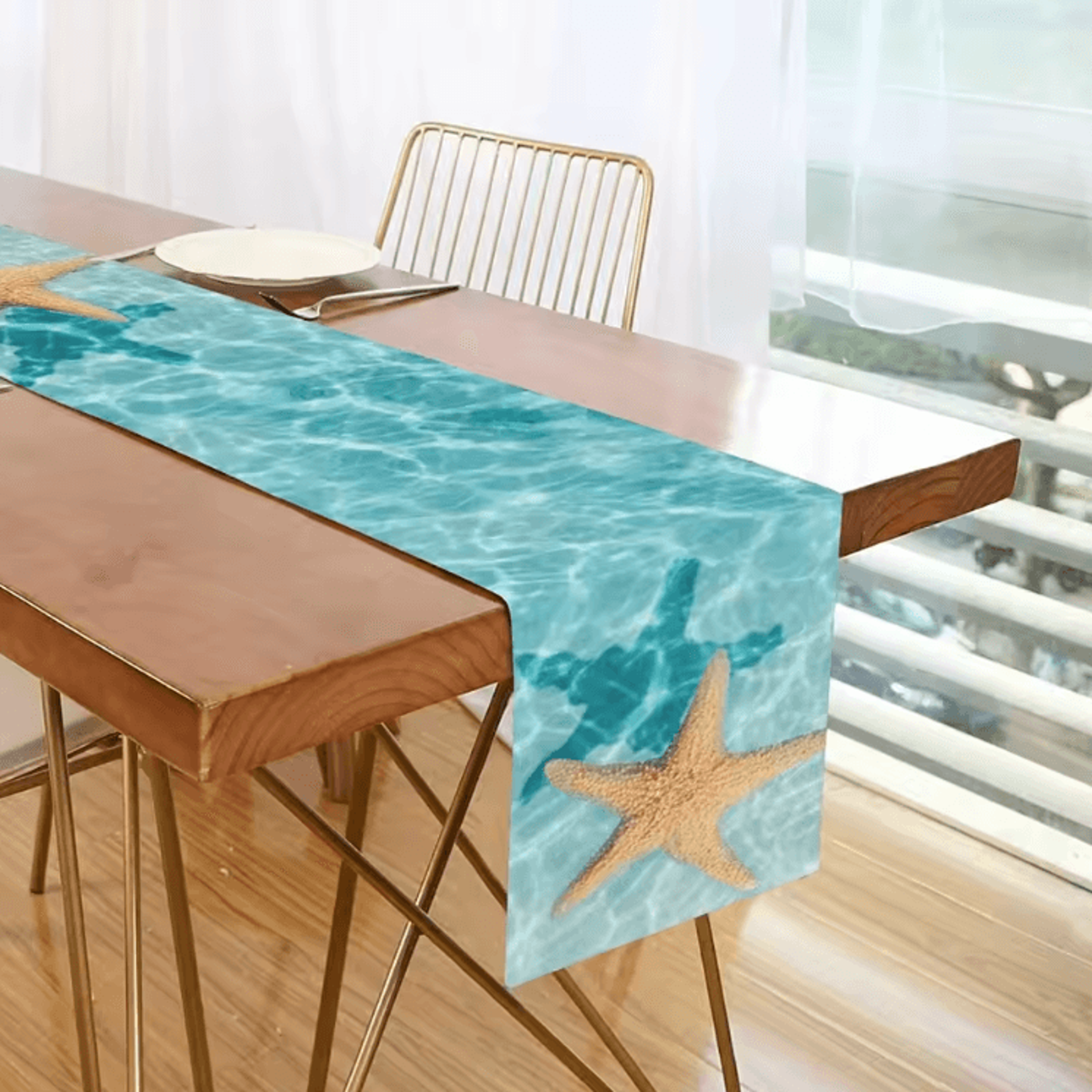 Watercolor Starfish Ocean Linen Table Runner Coastal Dining Decor For Home  Events 2