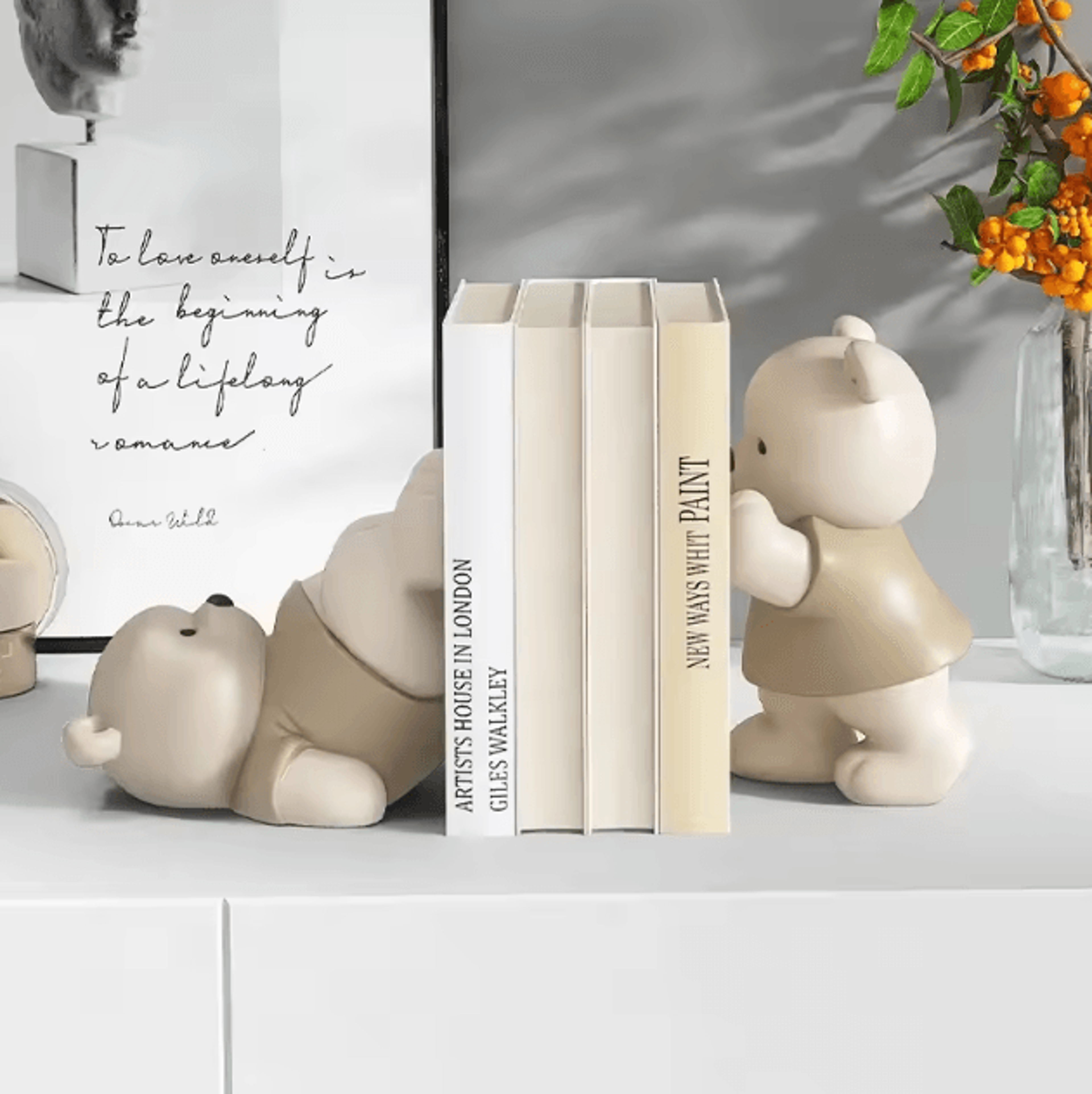 Cute Bear Bookend Decor  Cream Resin Figurine For Stylish Home  Shelf Display 1
