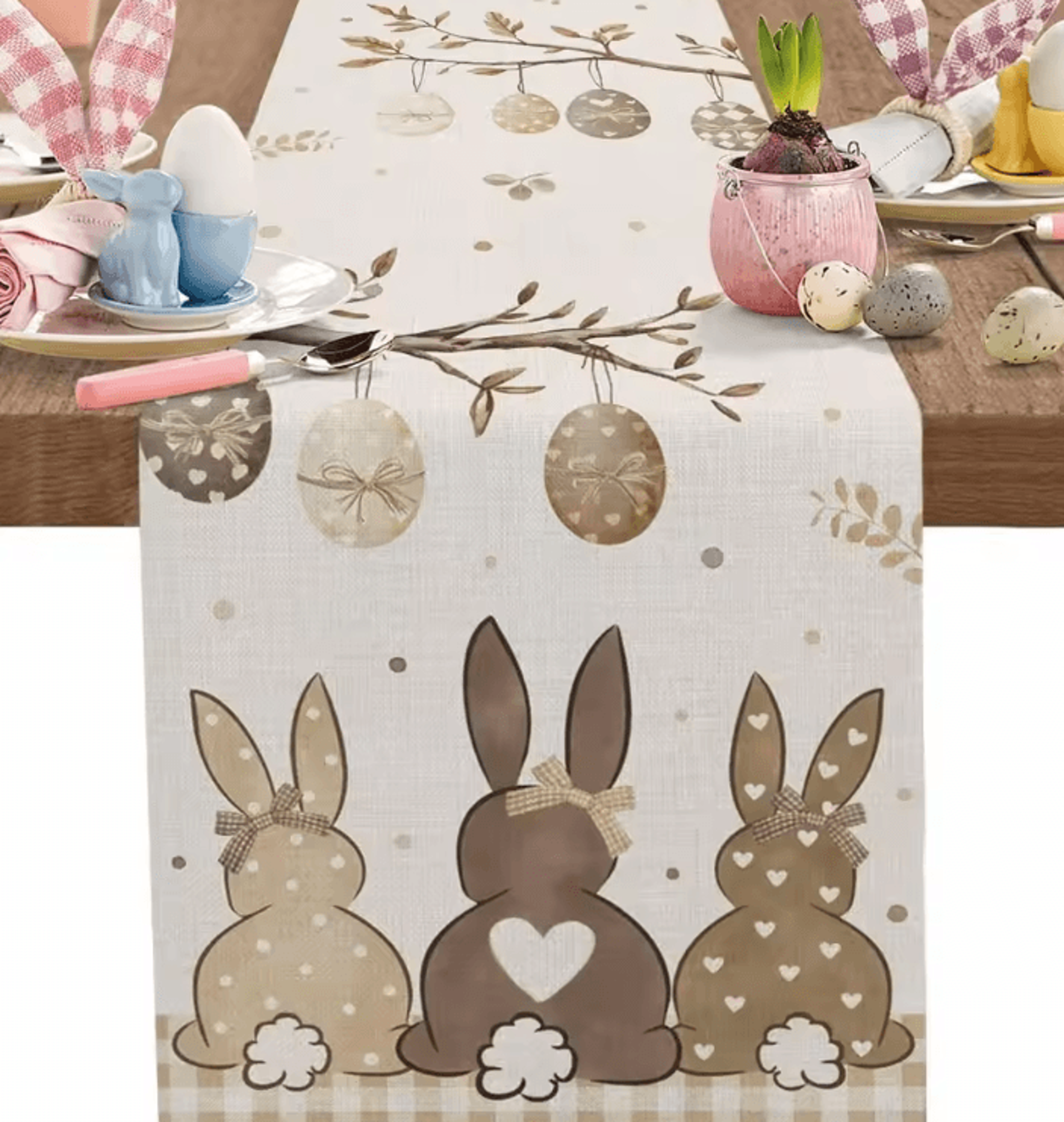 Easter Bunny Linen Table Runner  Spring Farmhouse Dining Decor With Egg  Floral Design 0
