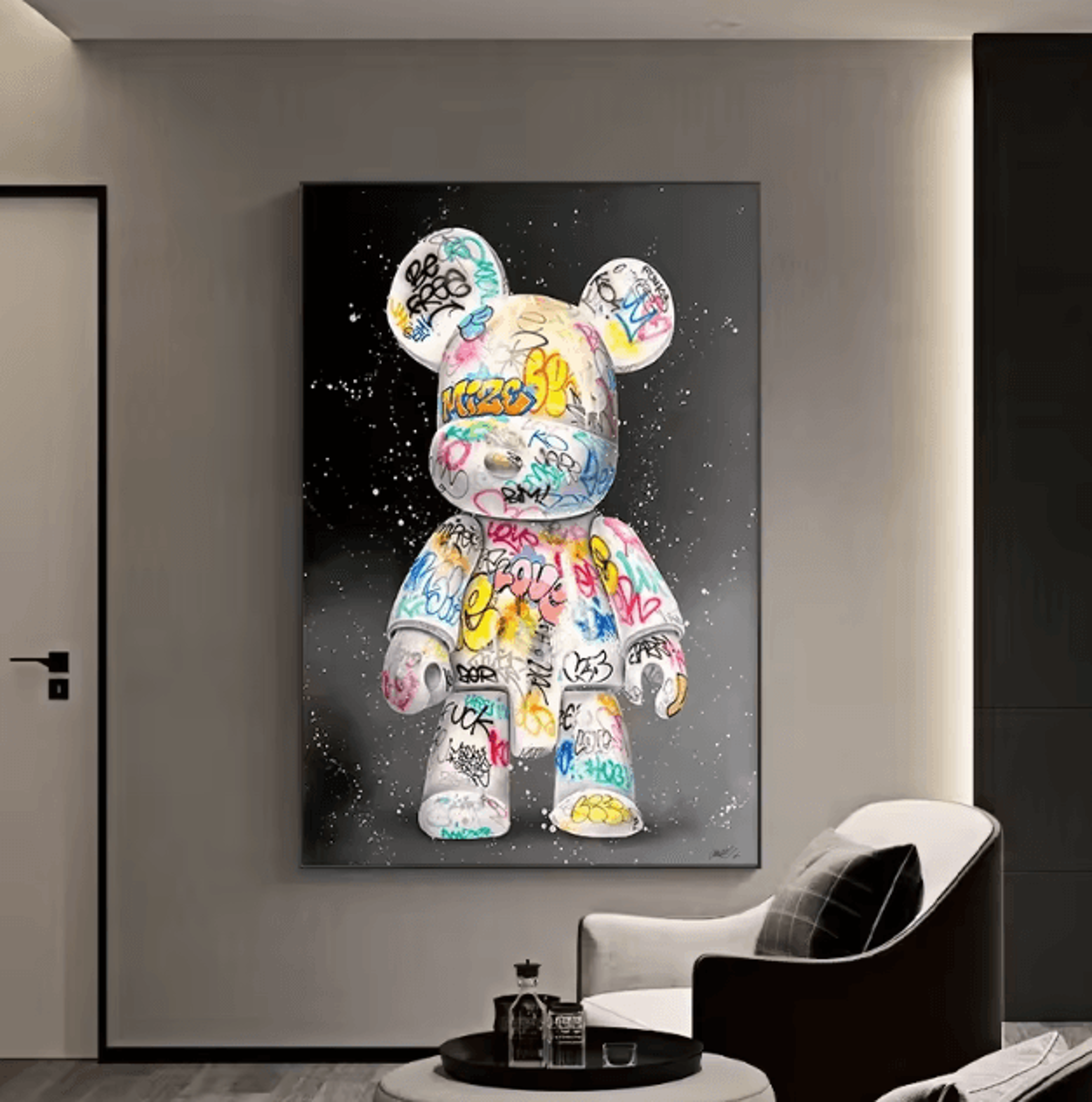 cute graffiti bear canvas wall art – kawaii cartoon pop art poster decor