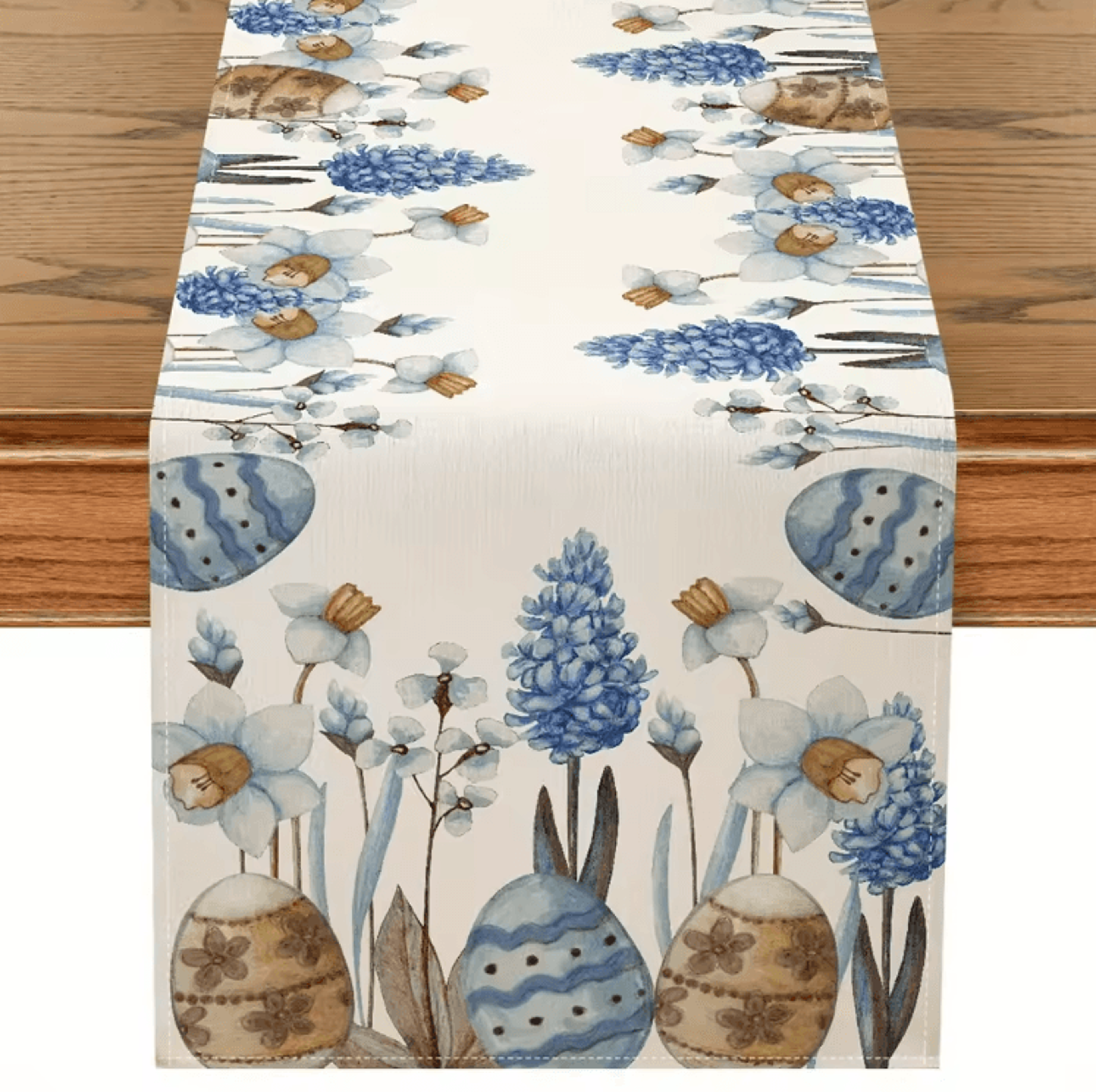 Easter Blue Floral Egg Linen Table Runner  Spring Botanical Farmhouse Table Decor 0
