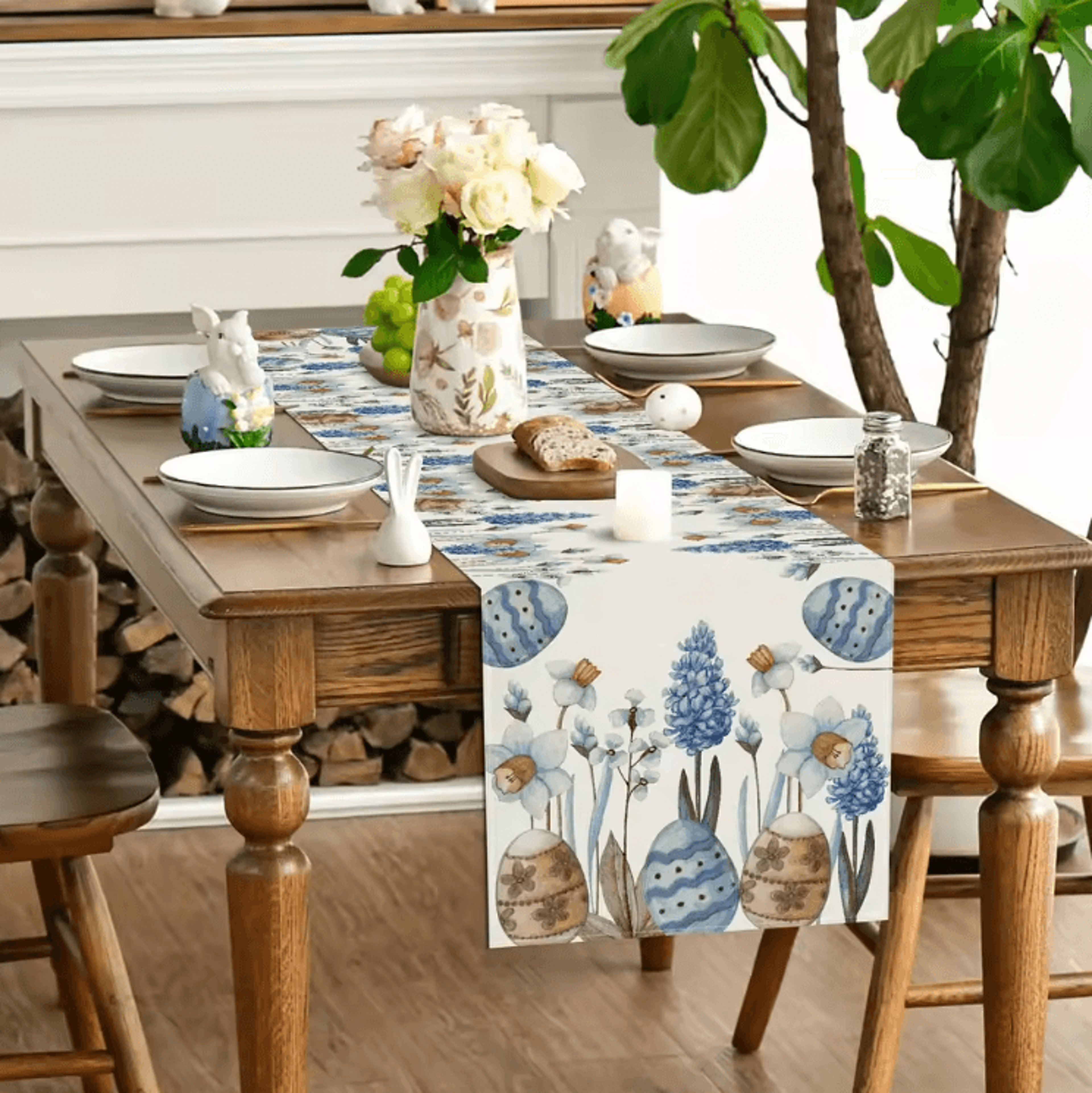 Easter Blue Floral Egg Linen Table Runner  Spring Botanical Farmhouse Table Decor 1