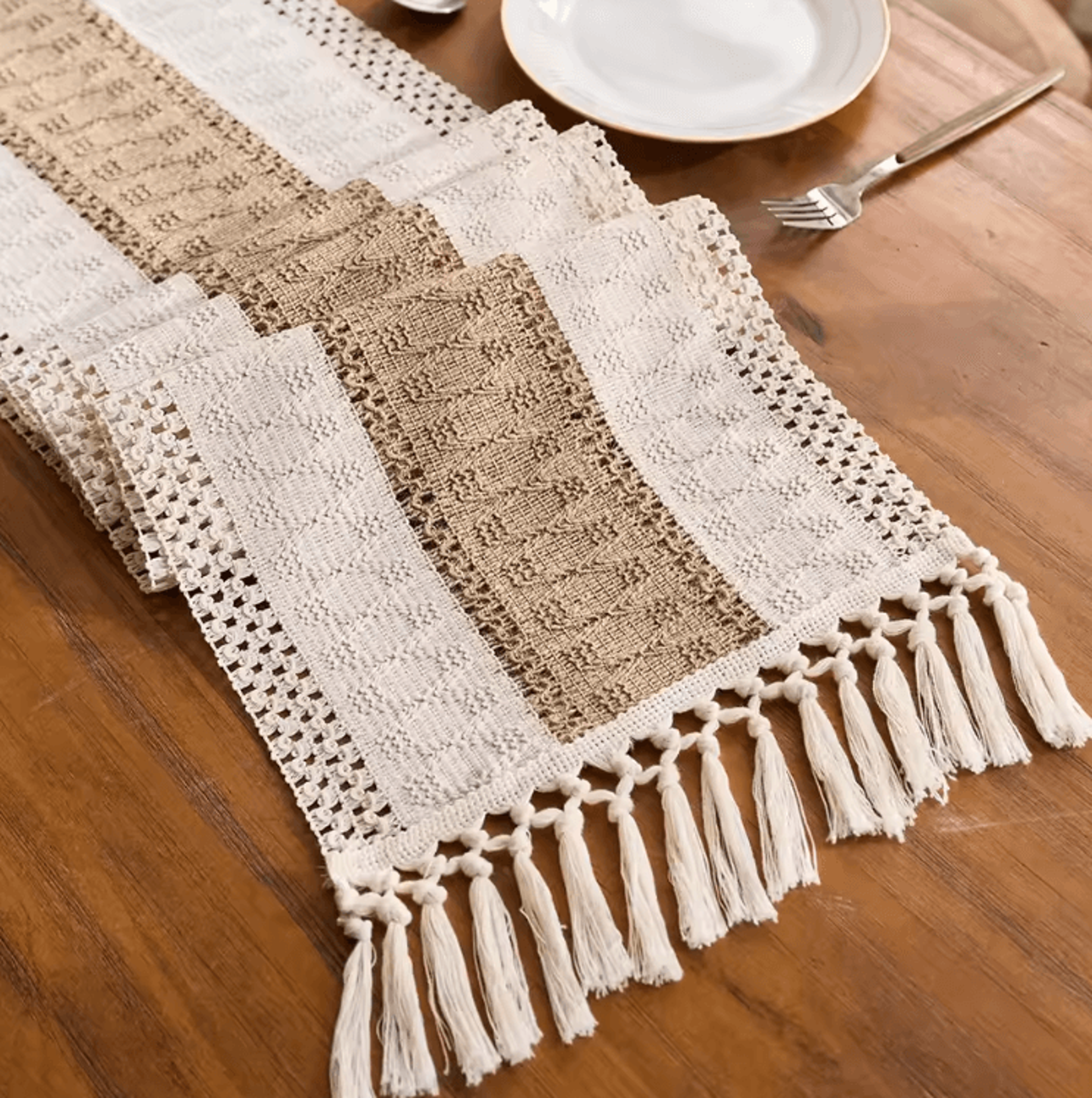 Boho Macrame Table Runner With Tassels  Cream  Brown Farmhouse Linen Table Decor 1