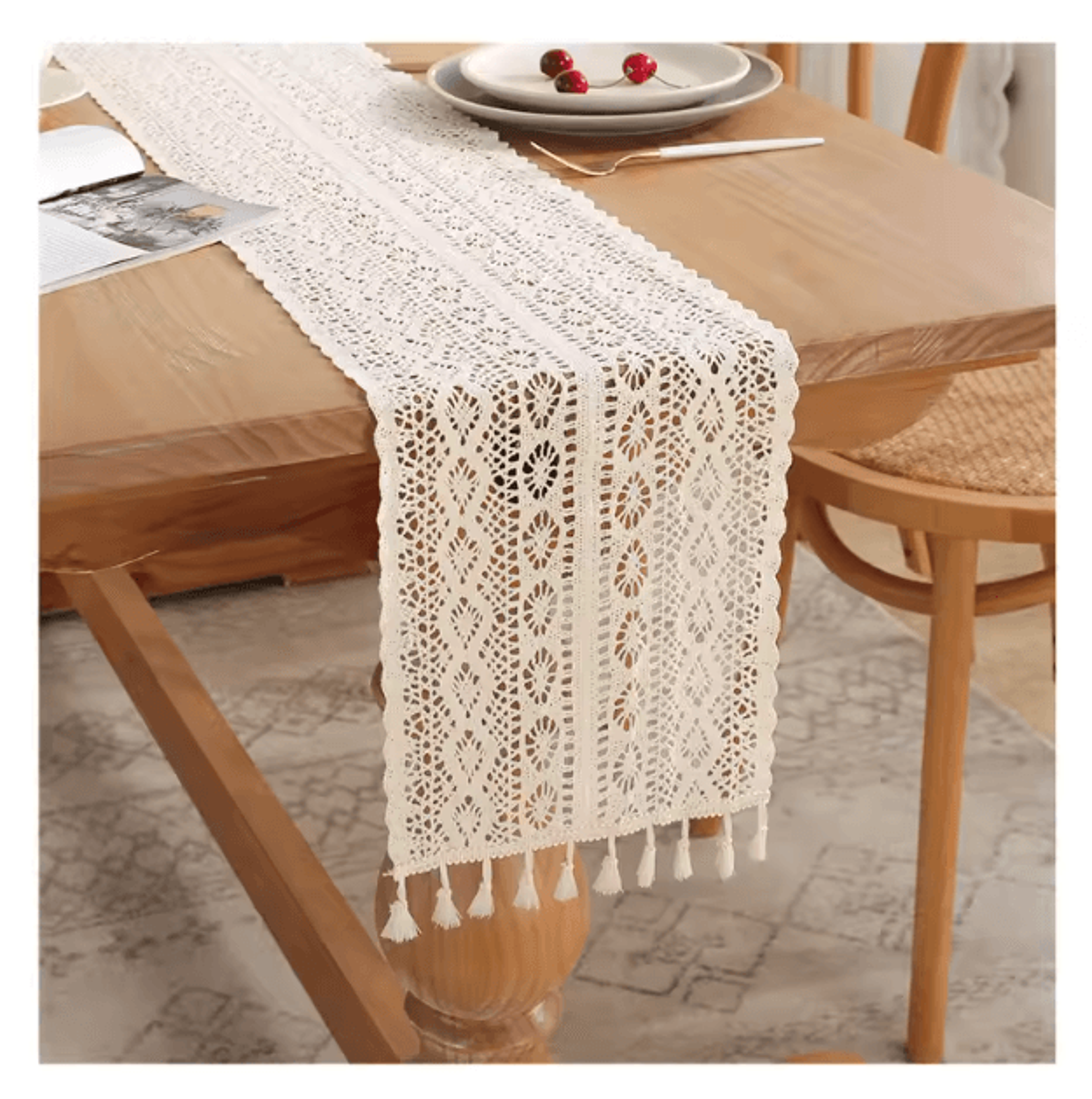Boho Macrame Beige Table Runner With Tassels  Vintage Farmhouse Crochet Table Decor 3