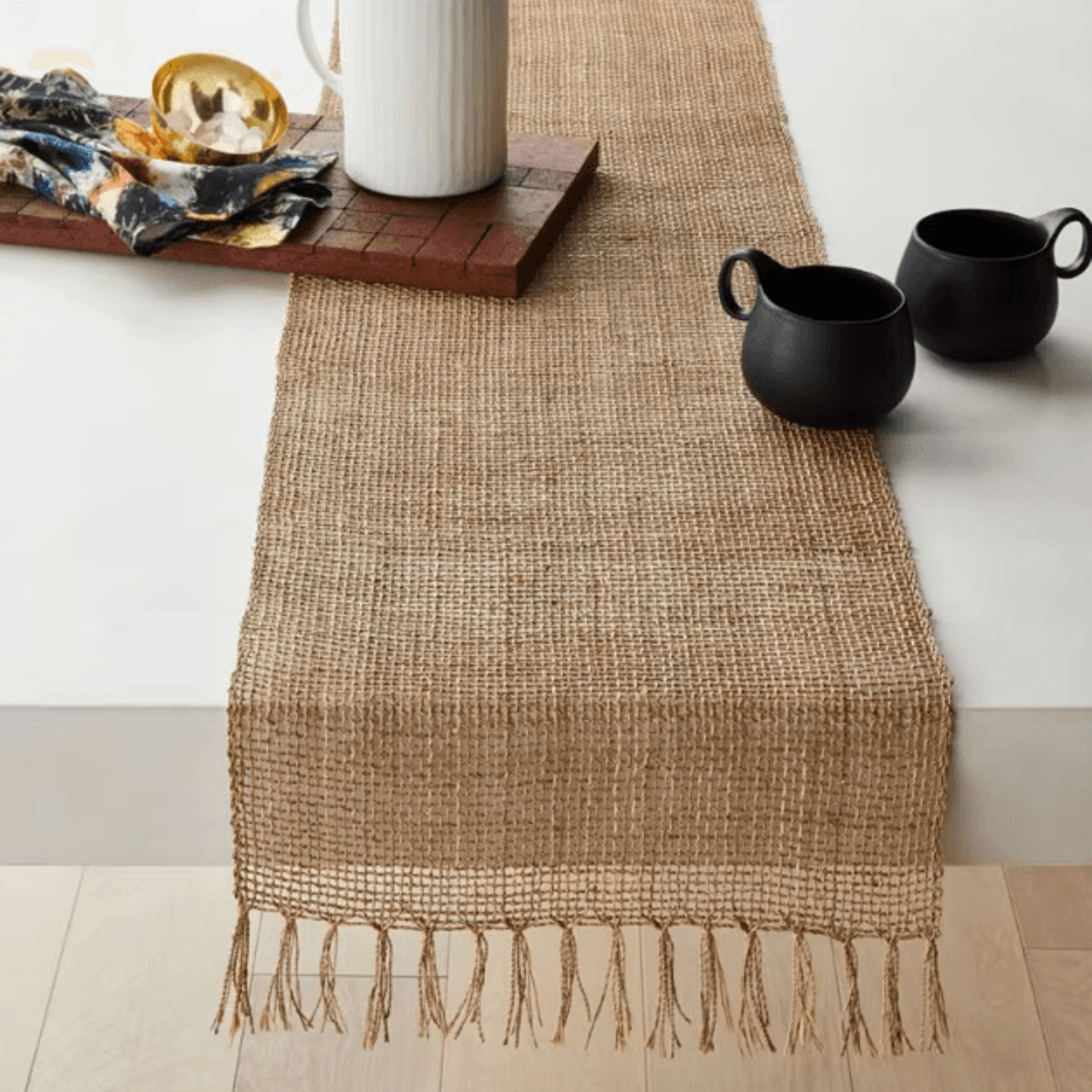 Rustic Jute Table Runner With Tassels  Boho Farmhouse Table Decor 0