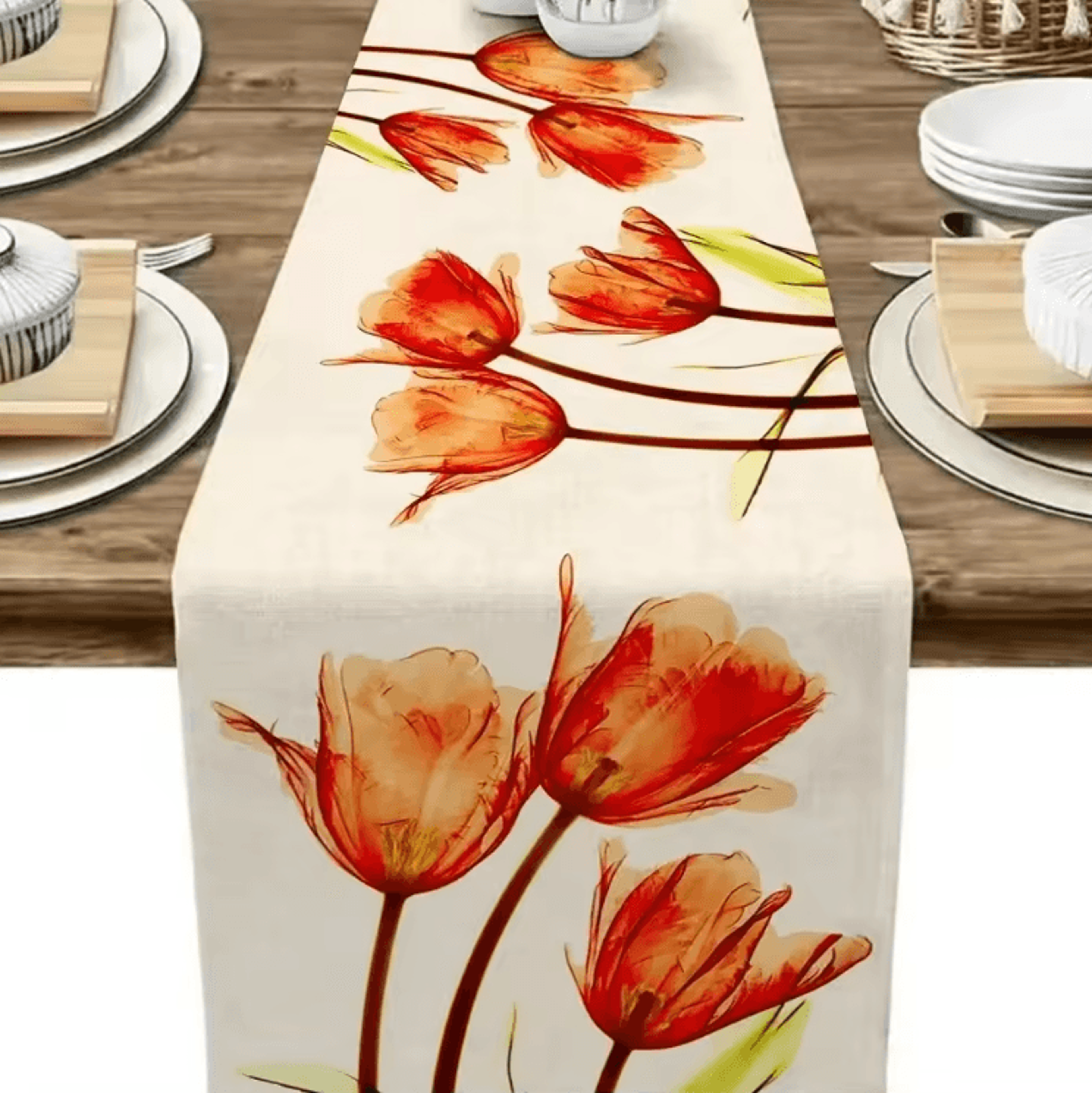 Tulip Linen Table Runner  Rustic Farmhouse Floral Table Decor 13x70 Inch 3