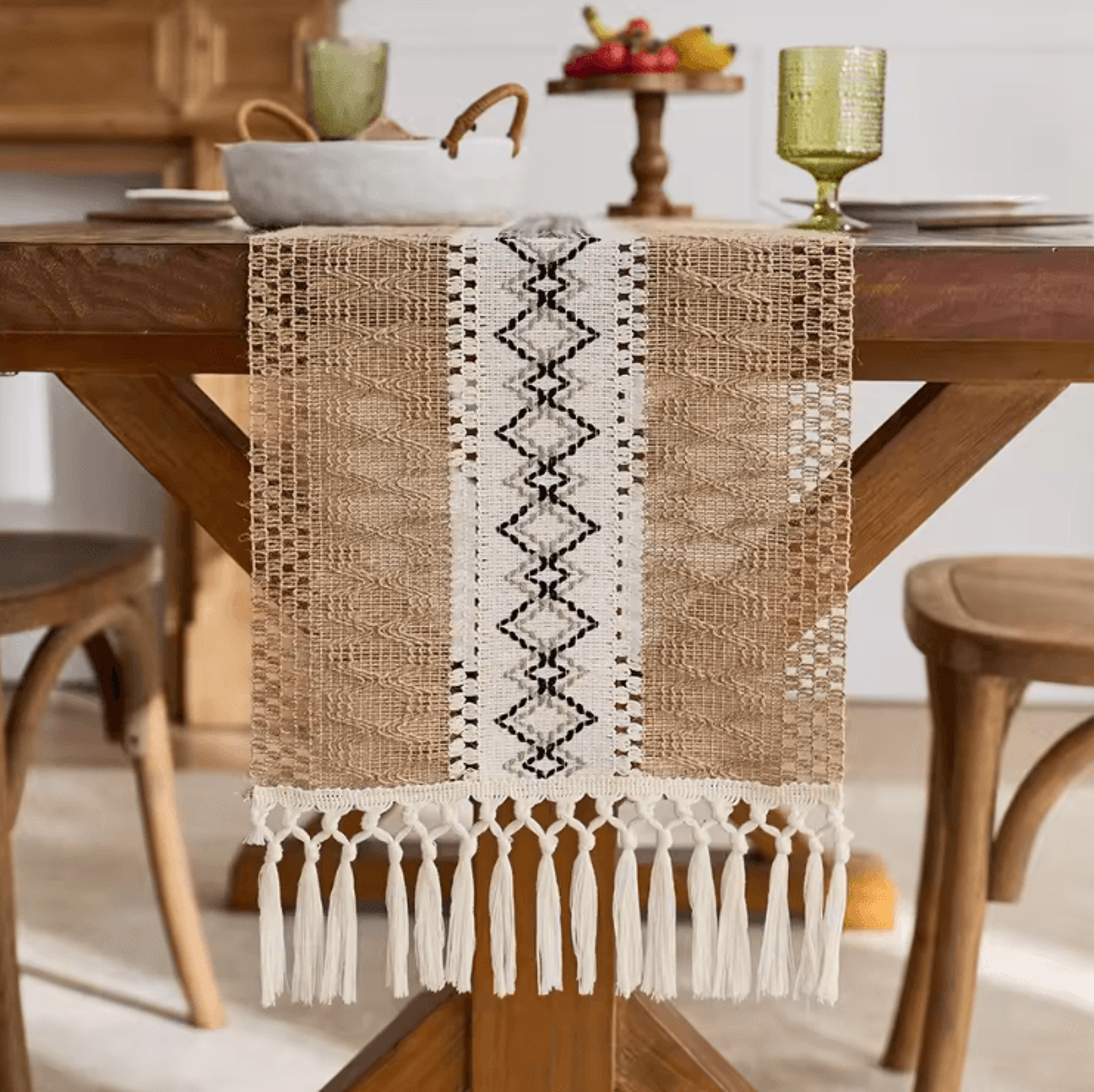 Boho Macrame Table Runner With Tassels  Rustic Farmhouse Burlap Table Decor 0