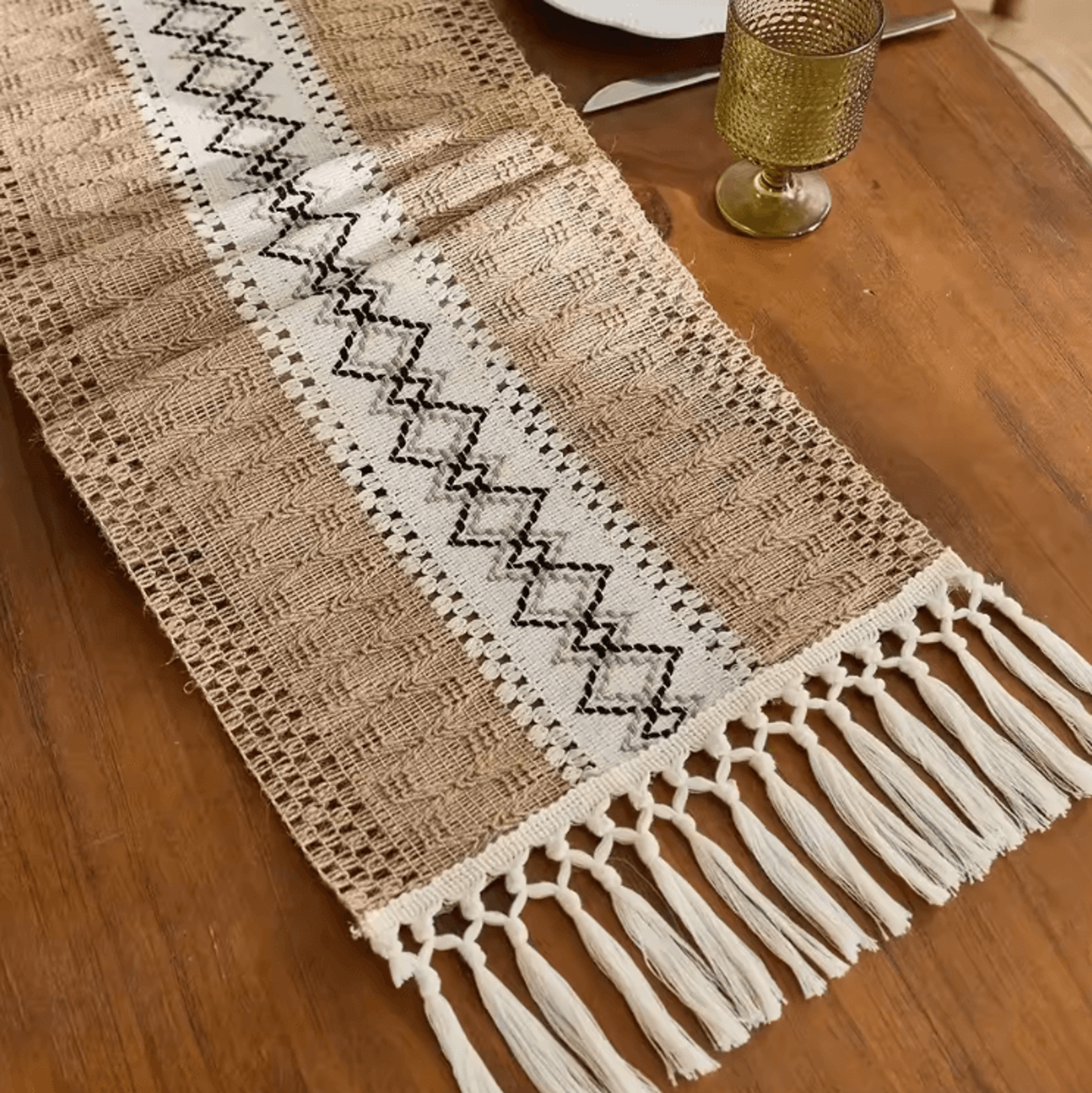 Boho Macrame Table Runner With Tassels  Rustic Farmhouse Burlap Table Decor 3