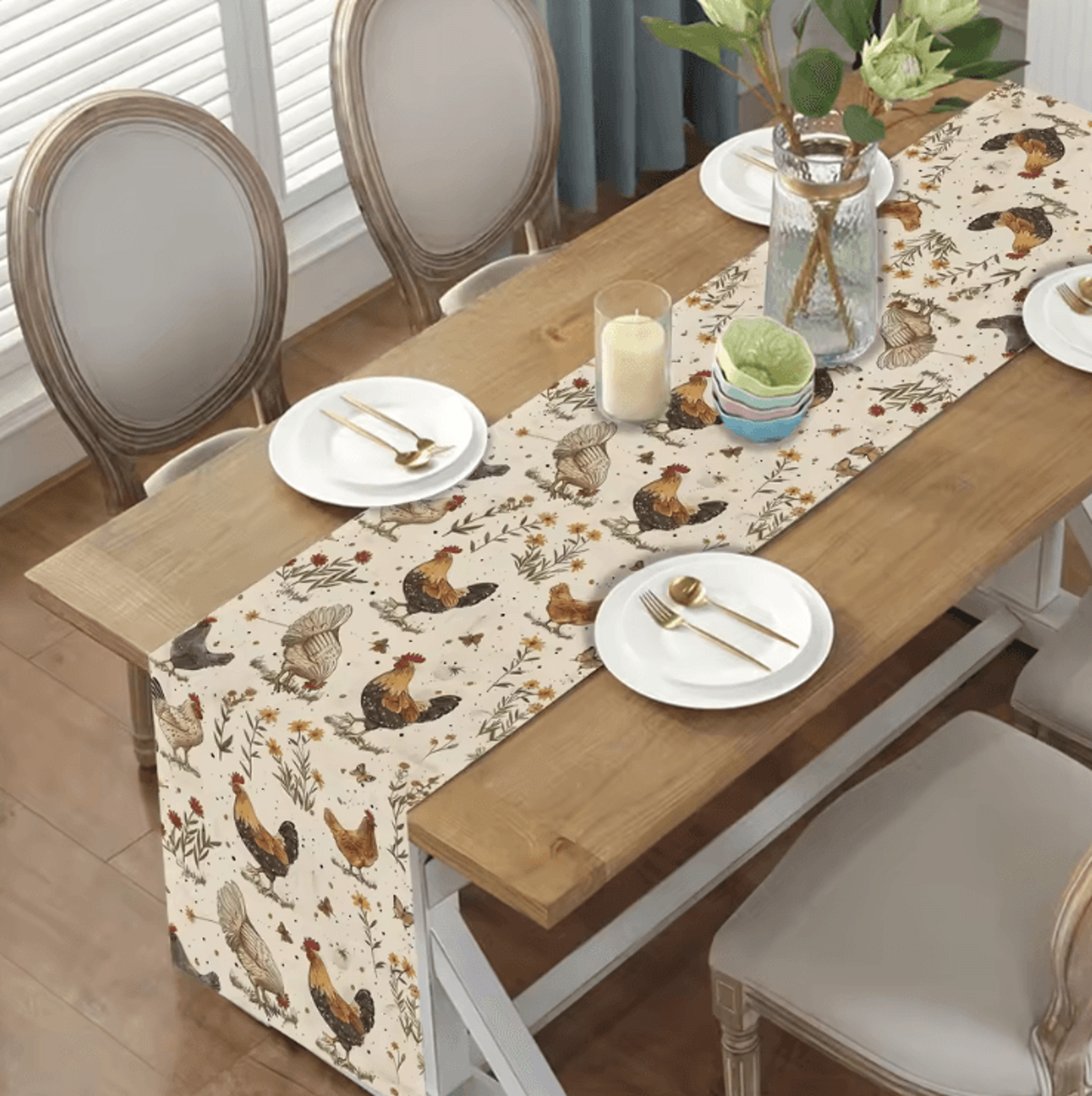 Vintage Rooster Floral Linen Table Runner  Rustic Farmhouse Bird Dining Decor 2
