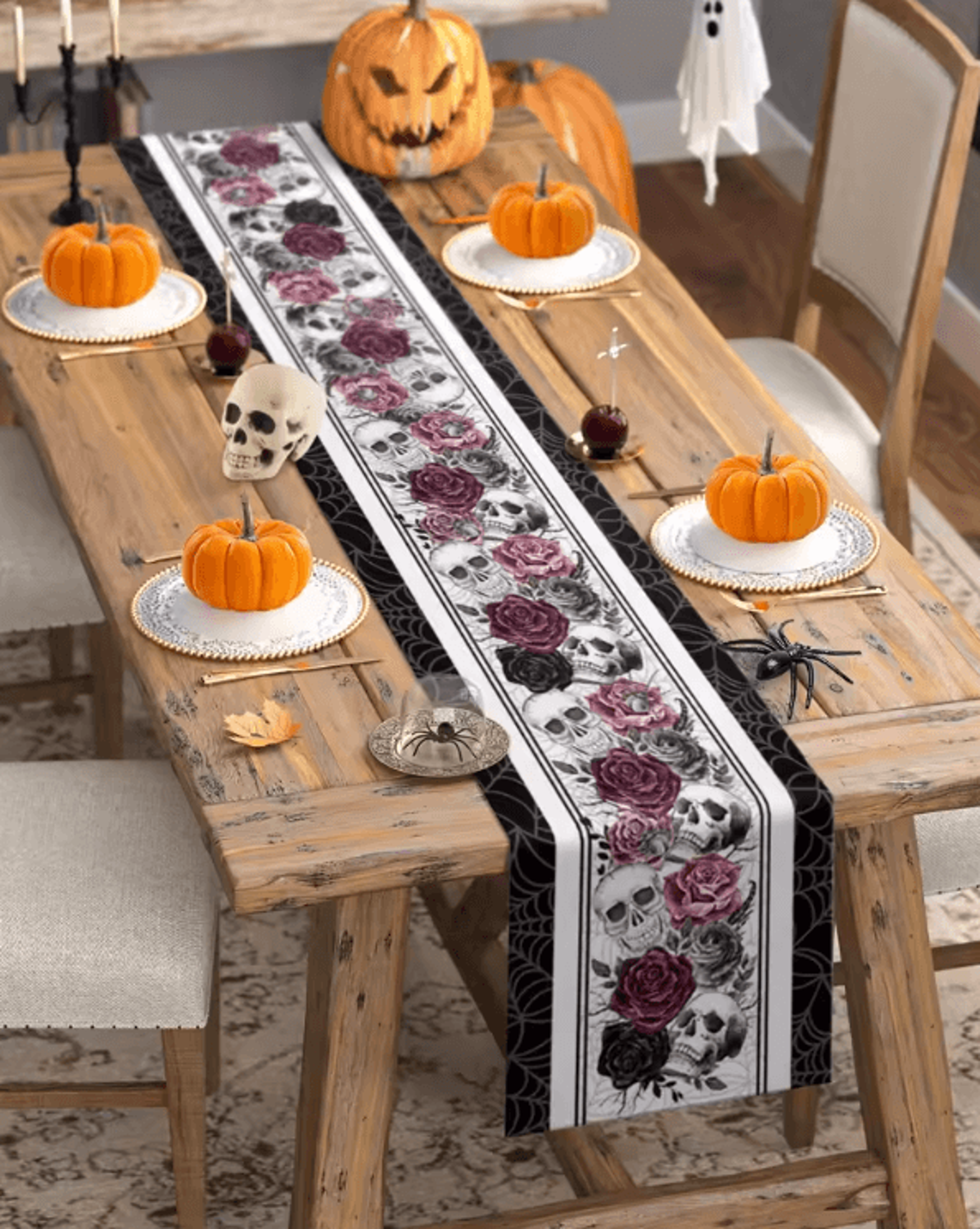 Gothic Skull Rose Crow Linen Table Runner  Halloween Party Dining Decor 4
