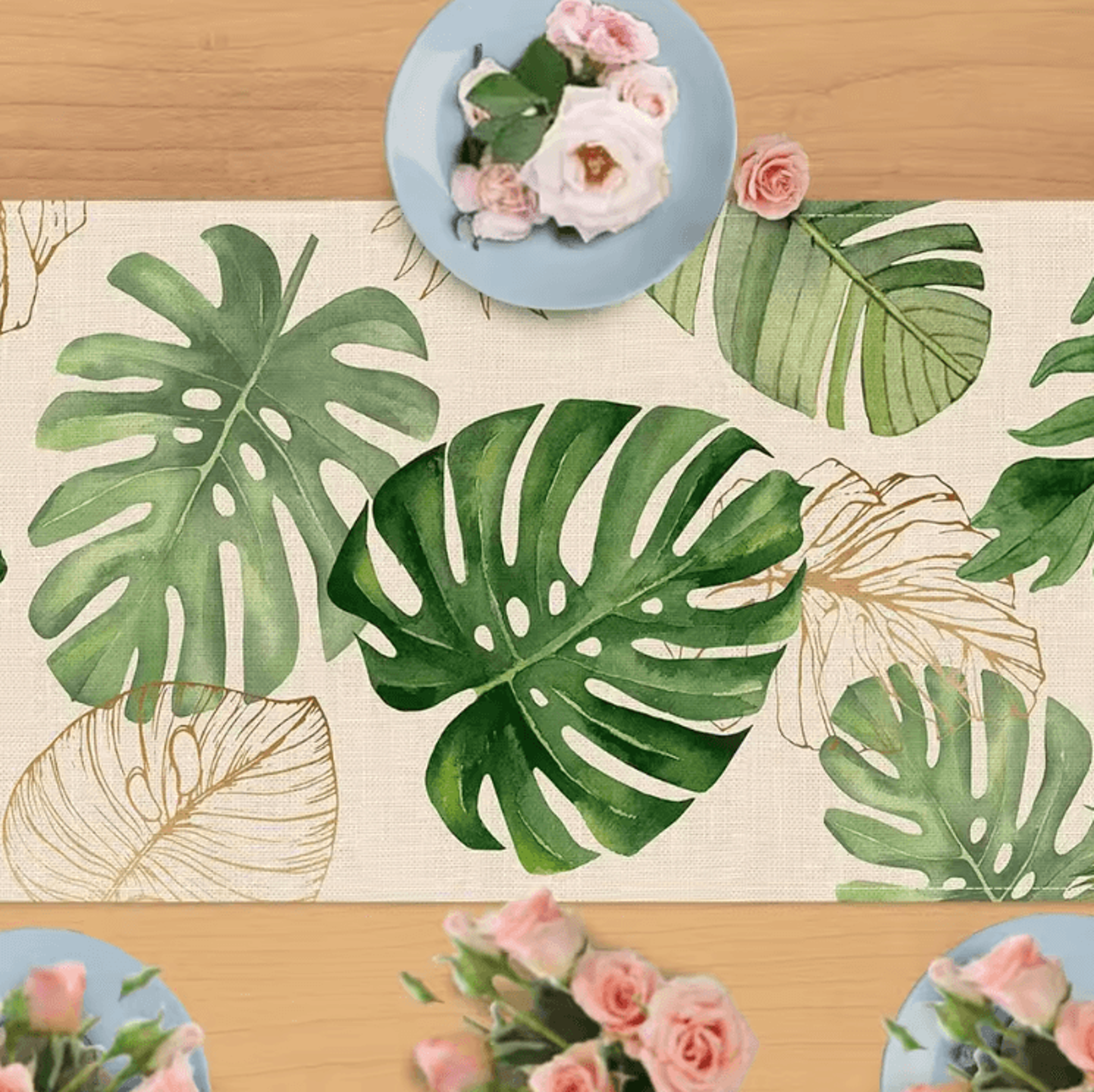 Tropical Palm Leaves Linen Table Runner  Vibrant Tropical Table Runner For Summer  Outdoor Dining D 4