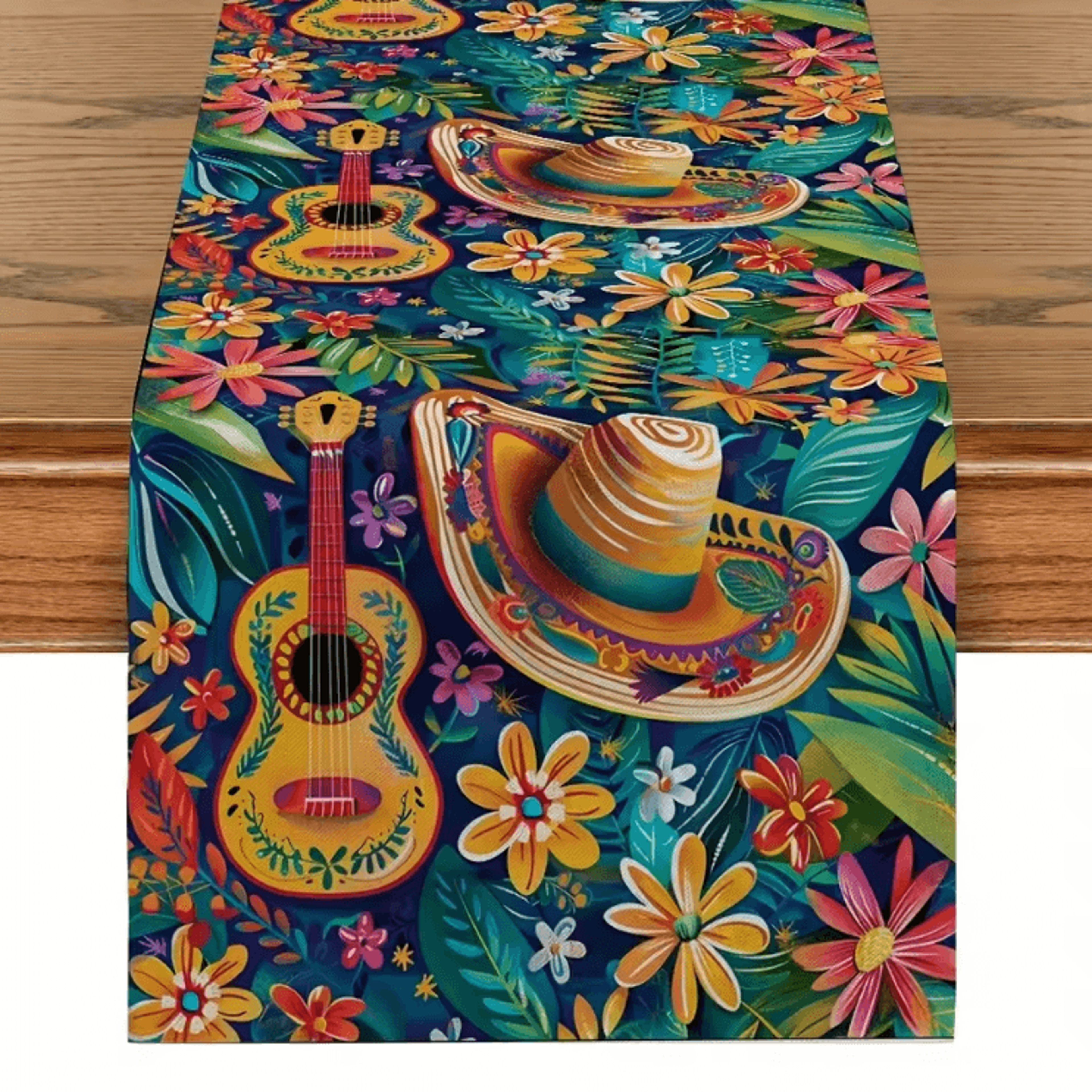 Vibrant Mexican Fiesta Table Runner  Colorful Cactus  Day Of The Dead Linen Decor 0